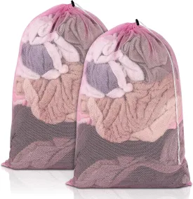 2 Pack Mesh Laundry Bags, 23 x 34 Inches Heavy Duty Mesh Laundry Bag, Large Laundry Drawstring Bag for College, Dorm, Travel, Family and Apartment Dwellers, Pink