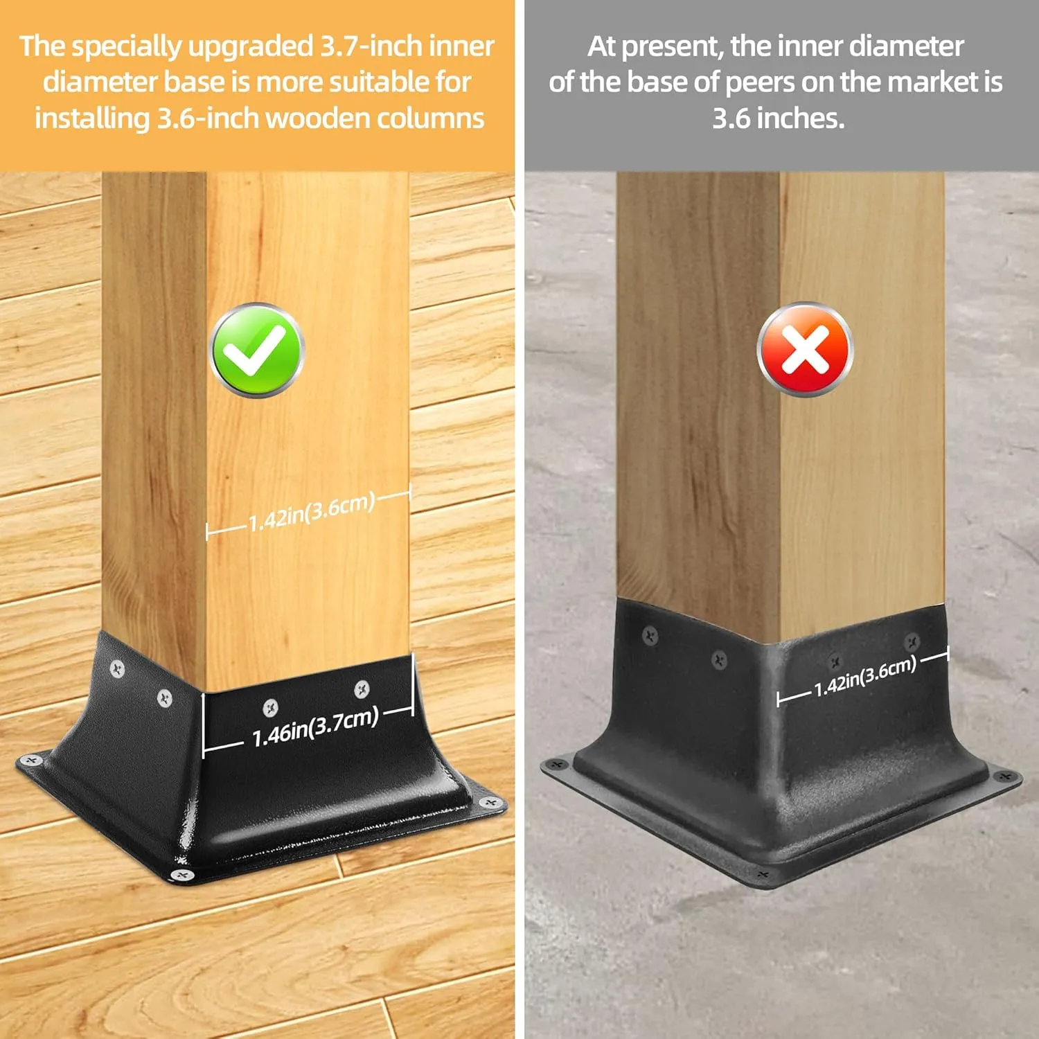 4x4 Post Base 2pc, Inner Size 3.7"x3.7", Heavy Duty Powder-Coated, for Deck Railing Support Deck Base
