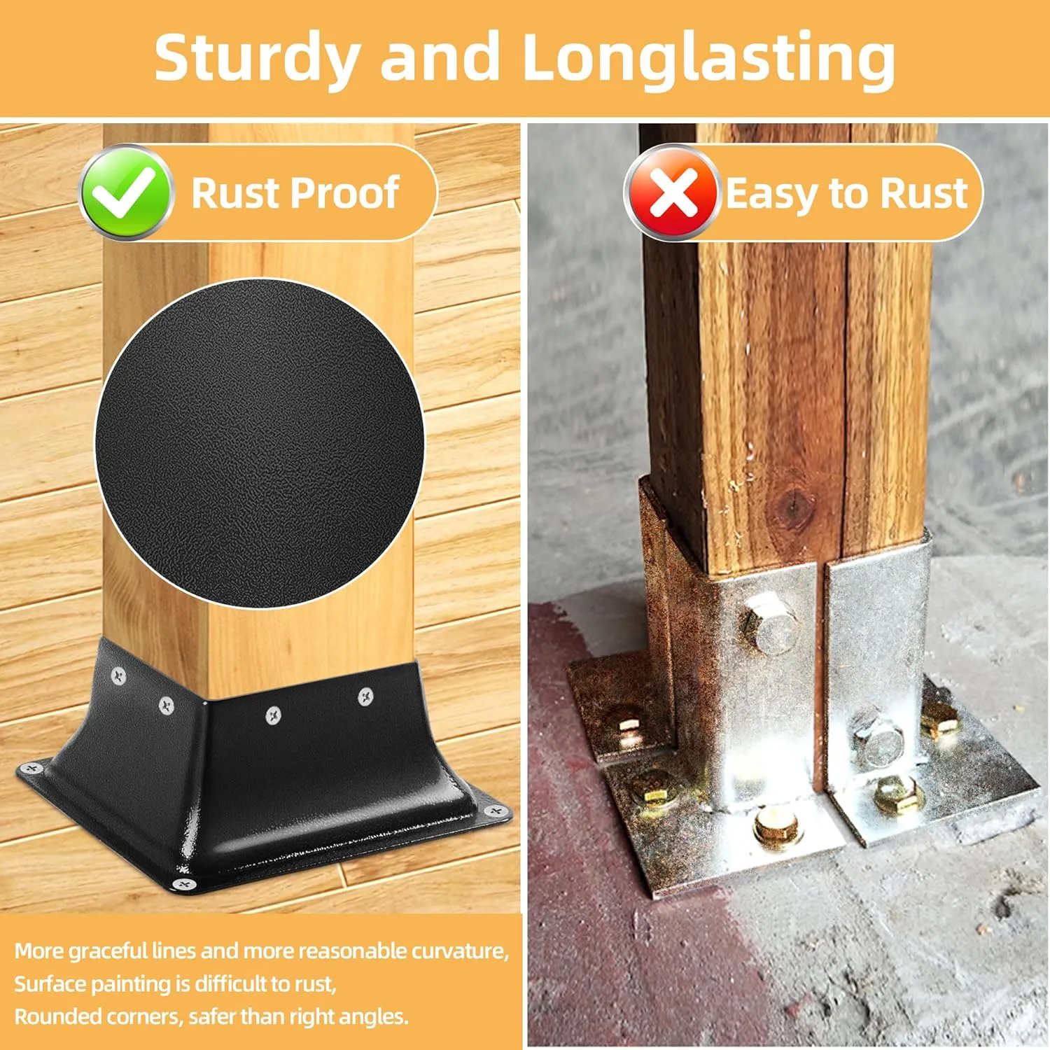 4x4 Post Base 2pc, Inner Size 3.7"x3.7", Heavy Duty Powder-Coated, for Deck Railing Support Deck Base