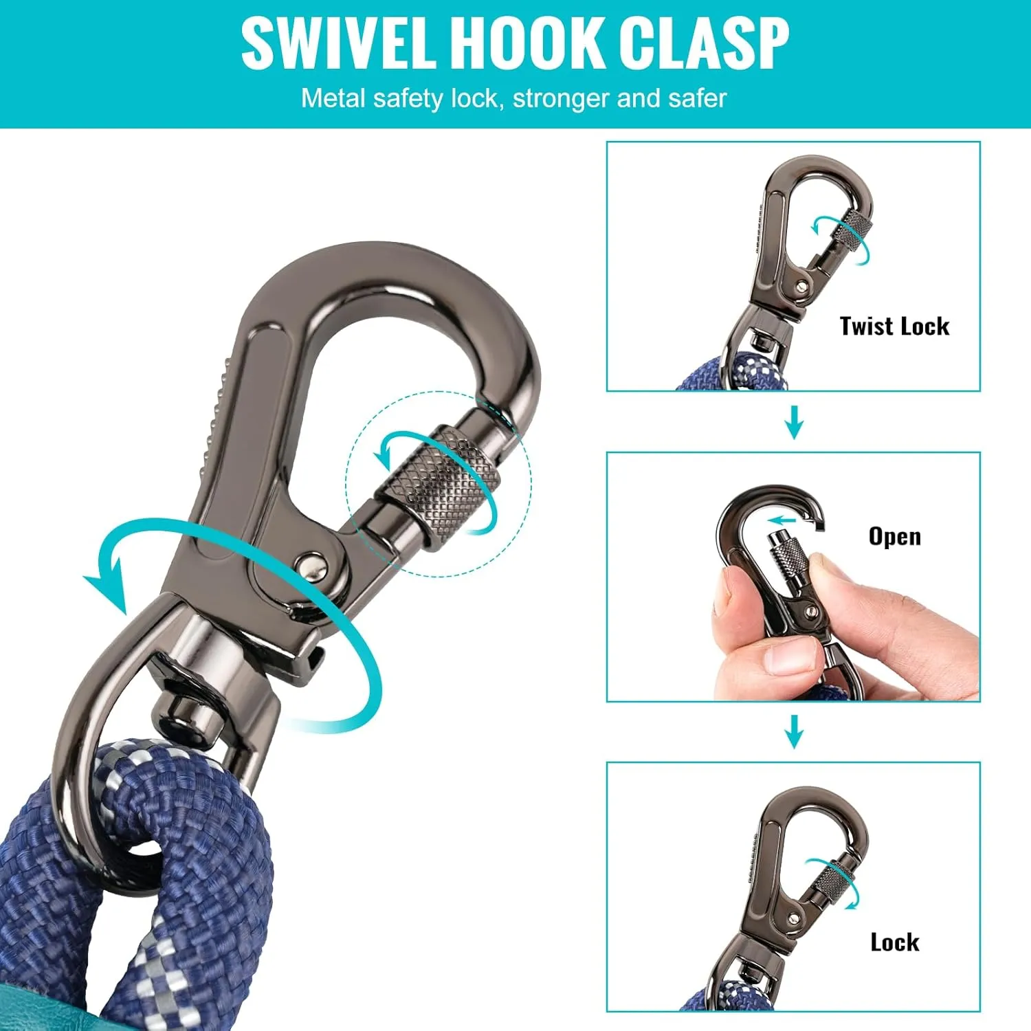 6FT Dog Leashes Double Handles, Lockable Metal Carabiner Clip,Durable Rope Dog Leashes with Highly Reflective for Training, Medium Dogs Small Puppy(Blue)