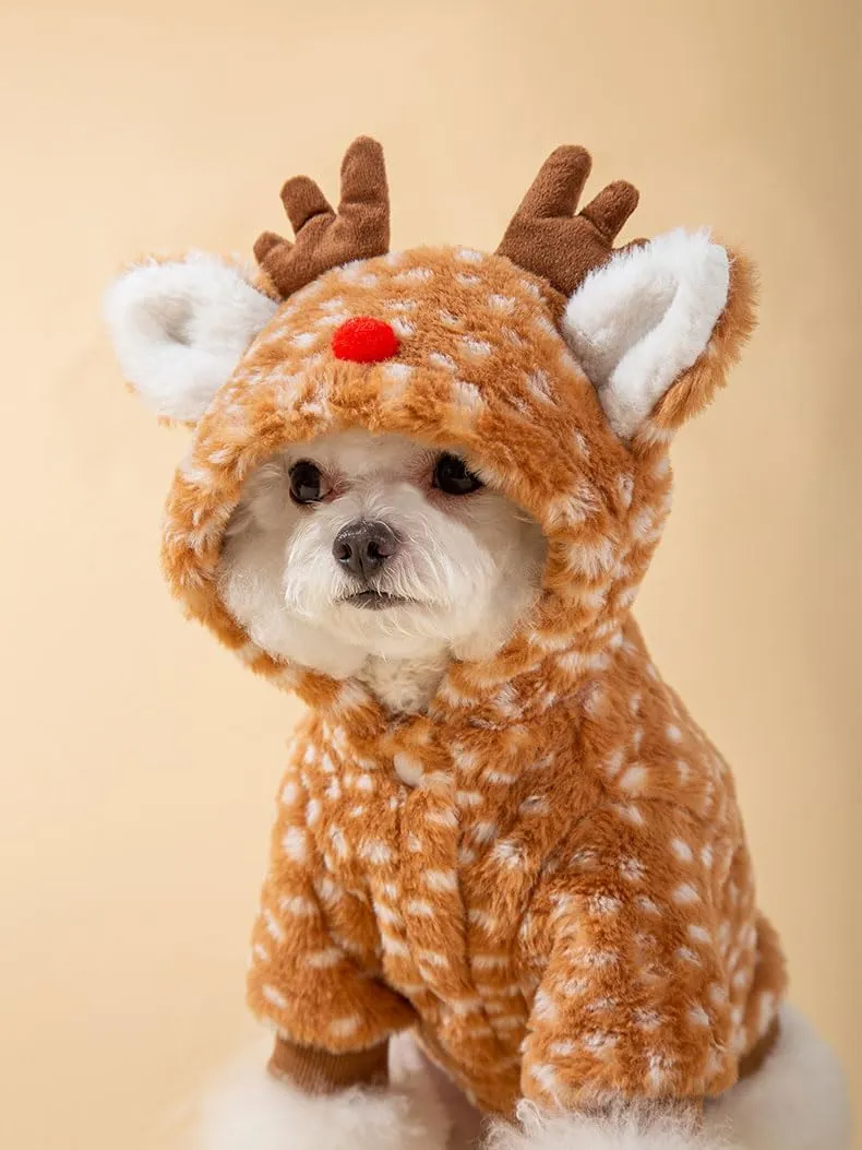 AZA Reindeer Dog Costume Fluffy Christmas Clothes Moose Coat Winter Pet Hoodies Puppy Girl Cute Coat Outfits for Small Dogs Costumes (XSSuitable1lb-3.5lb,Moose Brown)
