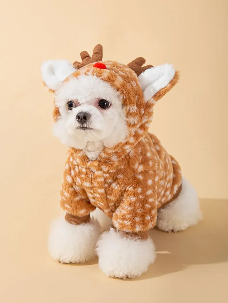 AZA Reindeer Dog Costume Fluffy Christmas Clothes Moose Coat Winter Pet Hoodies Puppy Girl Cute Coat Outfits for Small Dogs Costumes (XSSuitable1lb-3.5lb,Moose Brown)