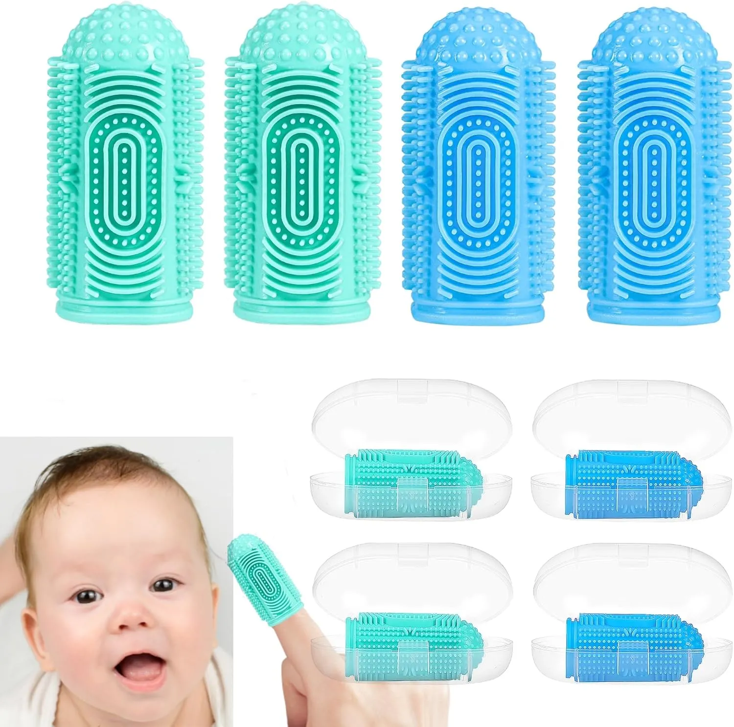 Baby Finger Toothbrushes 4 Pcs with 4 Storage Case, Silicone Baby Toothbrush Fingers Toothbrush for Toddlers 0-12 Months,Soft Finger Tooth Brushing Infant Fingers toothbrushes Blue Green