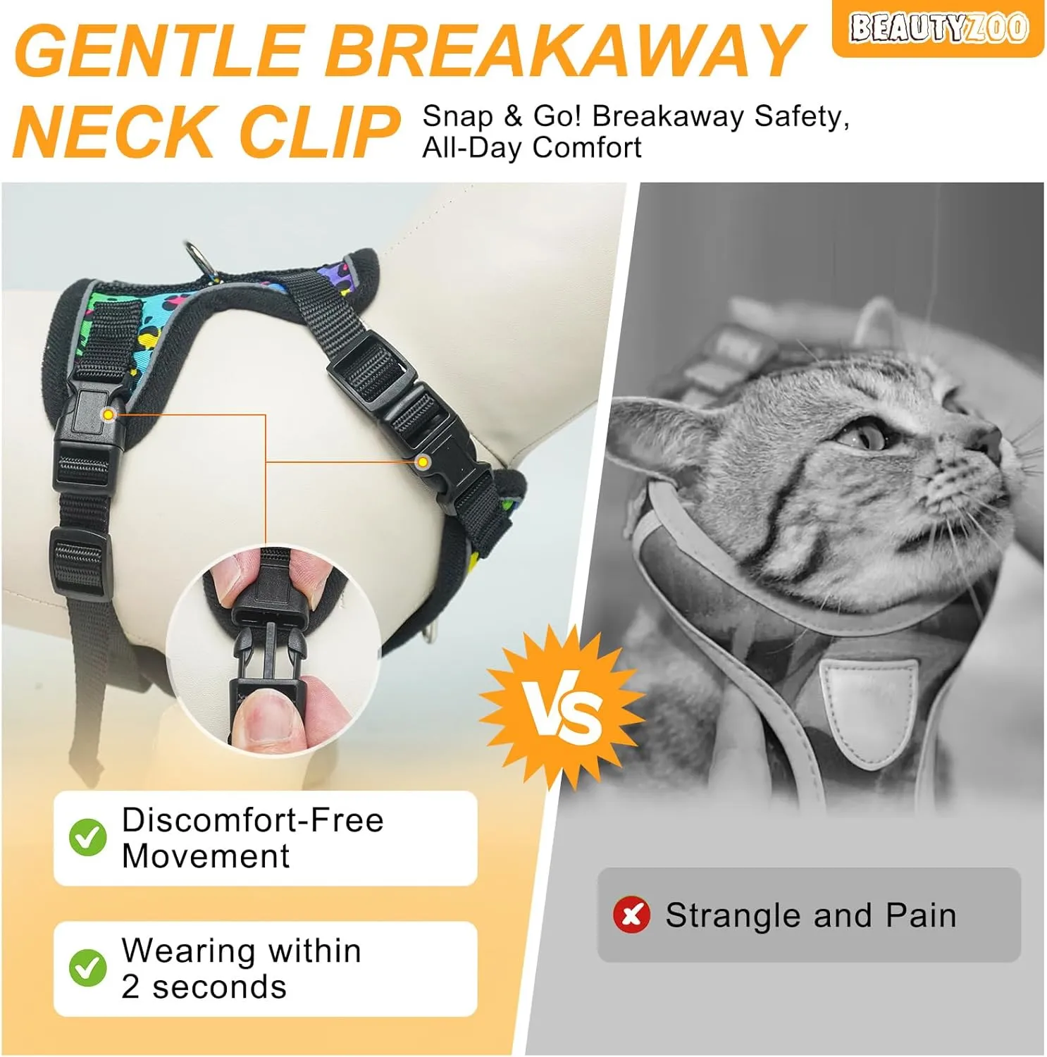 BEAUTYZOO Cat Harness and Leash Set for Walking Escape Proof- Neck Release Adjustable Vest Harness for Kitten, Small/Medium/Large Cats, Breathable Mesh & Reflective Strips Travel Harness for Outdoor