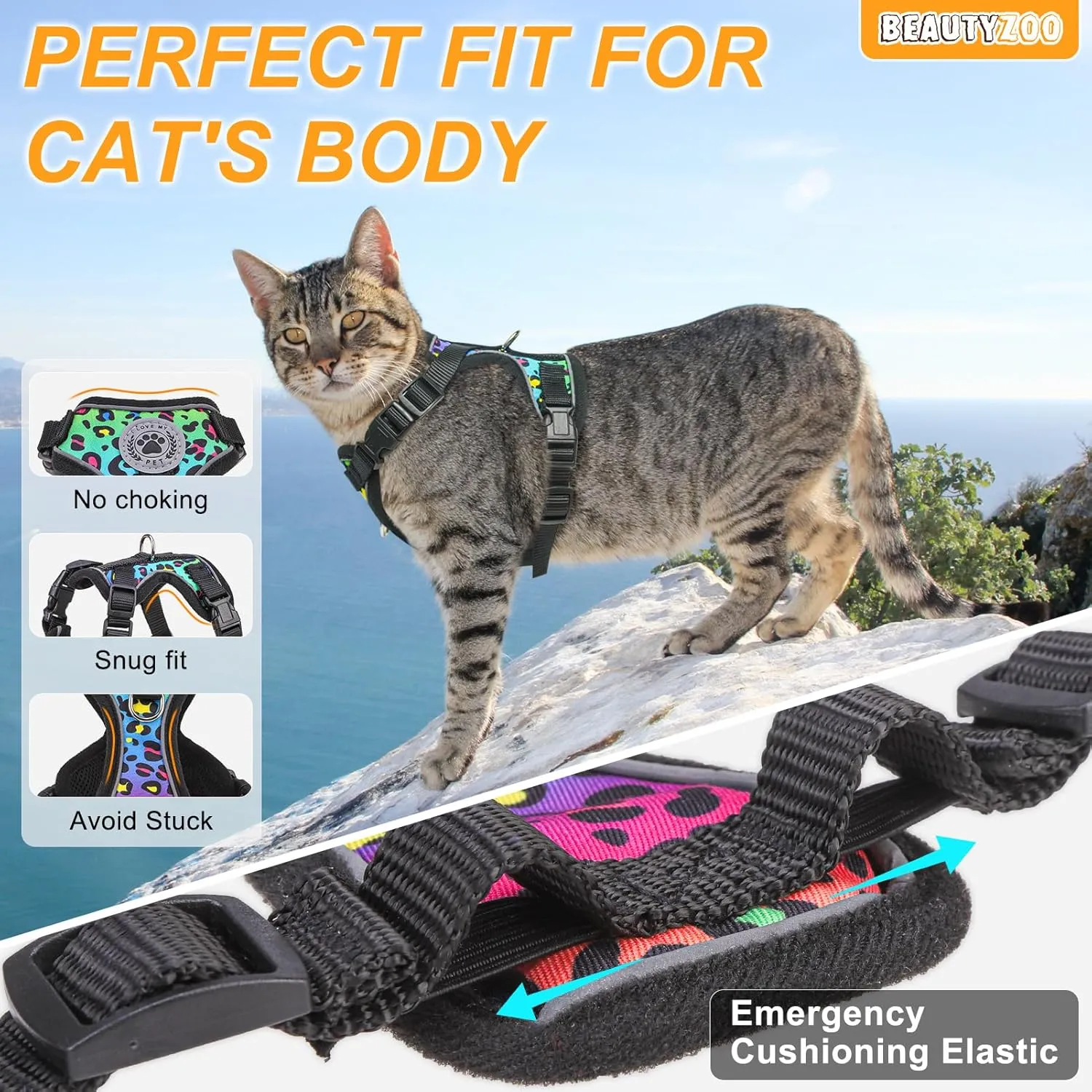 BEAUTYZOO Cat Harness and Leash Set for Walking Escape Proof- Neck Release Adjustable Vest Harness for Kitten, Small/Medium/Large Cats, Breathable Mesh & Reflective Strips Travel Harness for Outdoor