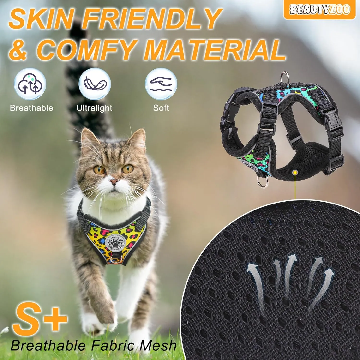 BEAUTYZOO Cat Harness and Leash Set for Walking Escape Proof- Neck Release Adjustable Vest Harness for Kitten, Small/Medium/Large Cats, Breathable Mesh & Reflective Strips Travel Harness for Outdoor