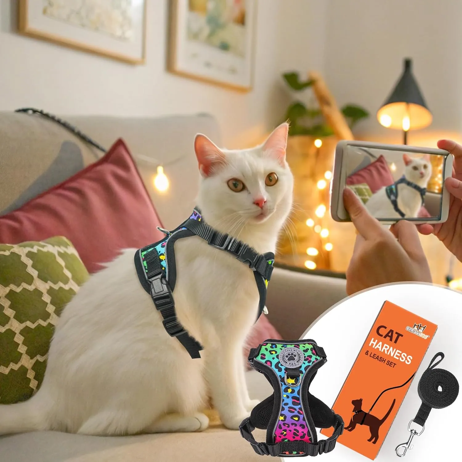 BEAUTYZOO Cat Harness and Leash Set for Walking Escape Proof- Neck Release Adjustable Vest Harness for Kitten, Small/Medium/Large Cats, Breathable Mesh & Reflective Strips Travel Harness for Outdoor