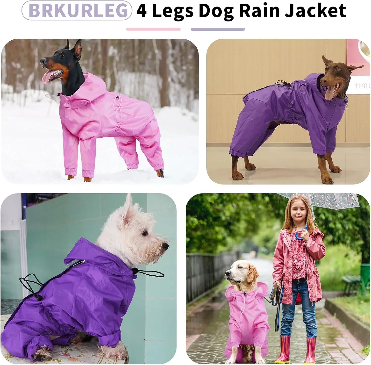 BRKURLEG Dog Raincoat Reflective Pet Poncho for Large Dogs Boy Girl, Pet Waterproof Rainproof Jacket with Leash Hole, 4 Legs Dog Rain Jacket, Lightweight Waterproof Jackets, Purple XXL