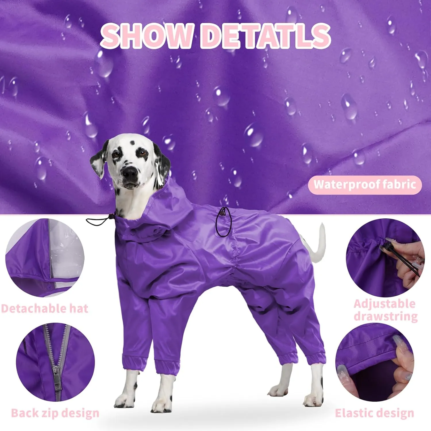 BRKURLEG Dog Raincoat Reflective Pet Poncho for Large Dogs Boy Girl, Pet Waterproof Rainproof Jacket with Leash Hole, 4 Legs Dog Rain Jacket, Lightweight Waterproof Jackets, Purple XXL