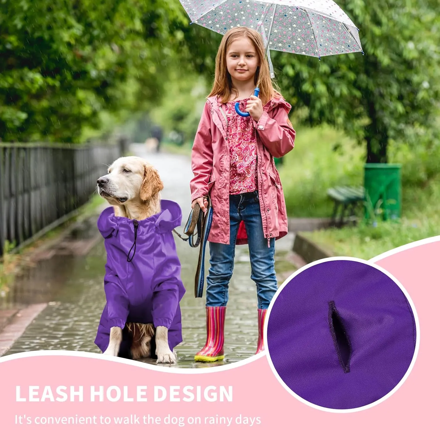 BRKURLEG Dog Raincoat Reflective Pet Poncho for Large Dogs Boy Girl, Pet Waterproof Rainproof Jacket with Leash Hole, 4 Legs Dog Rain Jacket, Lightweight Waterproof Jackets, Purple XXL