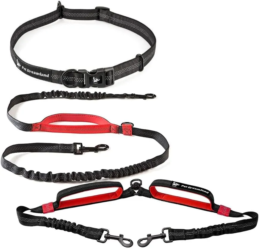Bundle of Exquisite Hands Free Dog Leash for Medium Dogs (Long - Black & Red)   Dog Coupler 360 Leash Splitter for Medium Dogs (Red)