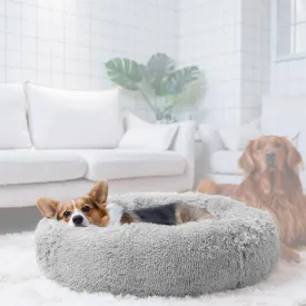 Calming Dog Bed, Round Donut Cuddler Pet Beds Washable Plush Comfy Cozy Small Medium Dogs Cushion for Cat Puppy Doggie Chihuahua Waterproof Bottom (24"), Light Grey