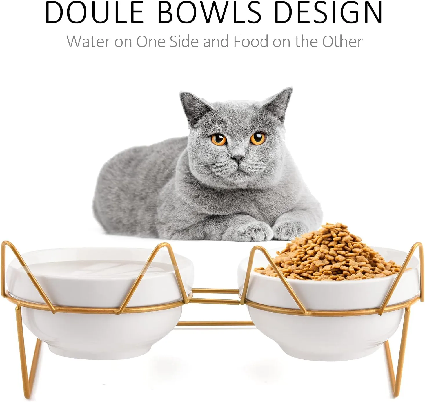 Cat Bowls, Double Ceramic Pet Bowls with 15Tilted Raised Stand for Food and Water, Anti Vomiting Cat Dish Feeder, Perfect for Puppy Cats and Small Dogs(Double Bowls1)