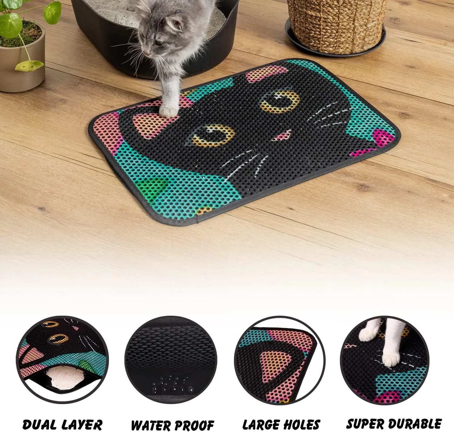 Cat Litter Mat, Washable Large Indoor Mats, Honeycomb Double Layer Trapping Tray, 24"x16", Black