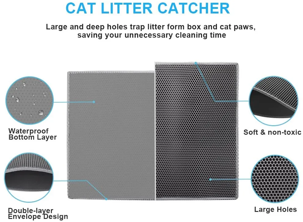 Cat Litter Trapper Mat- 76 x 61 cm Honeycomb Double Layer -Traps Messes, Easy Clean and Durable, Non Toxic Trapper Rug Suitable for Litter Tray（Black)