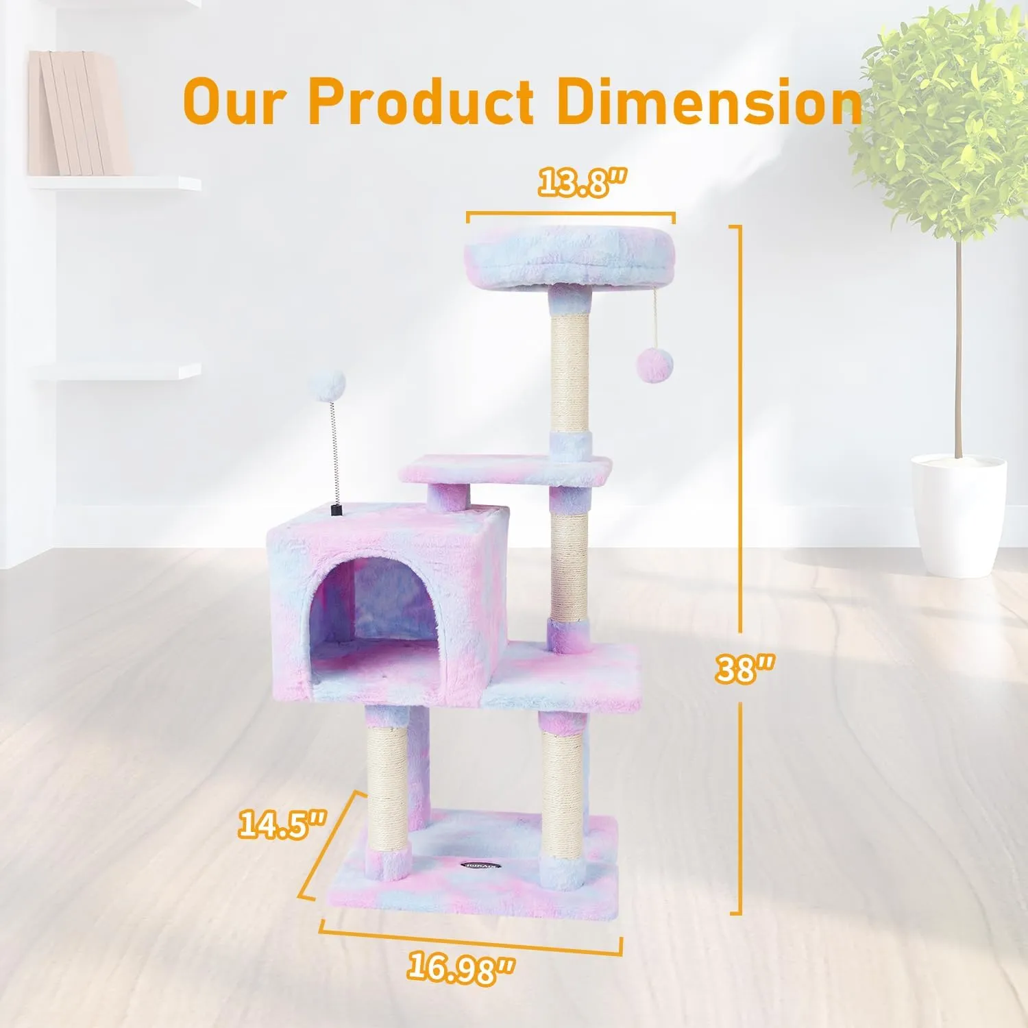 Cat Tree 18RB Cat Tower Condo with Sisal Scratching Post for Indoor Cats Cat Tree Cat Furniture with Hammock Perch and Kitten Ball Toys, Multi-Level Pet Activity Center Rainbow
