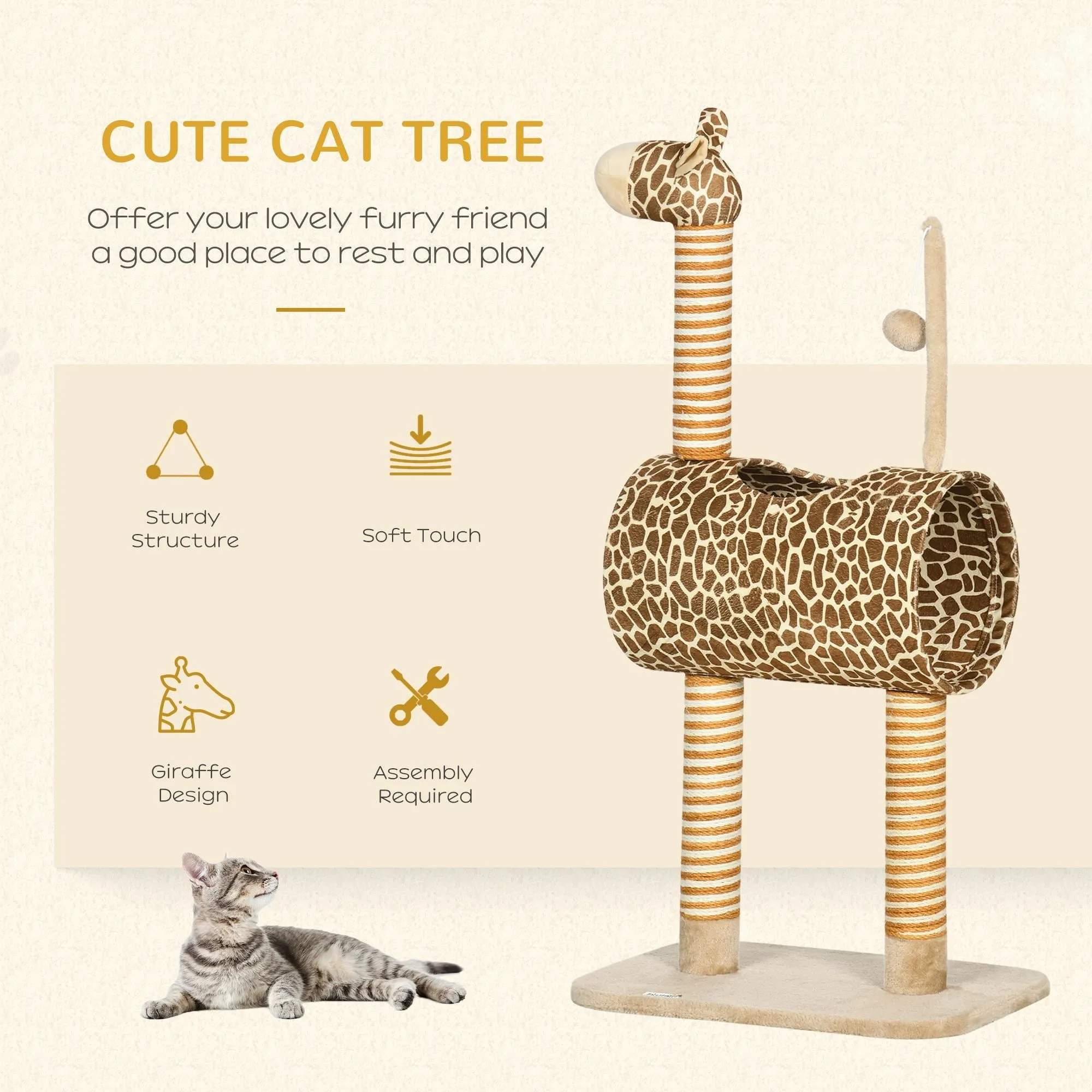 Cat Tree for Indoor Cats Cute Giraffe Kitten Play Tower with Scratching Posts Tunnel Ball Toy 48.5 x 34.5 x 101 cm
