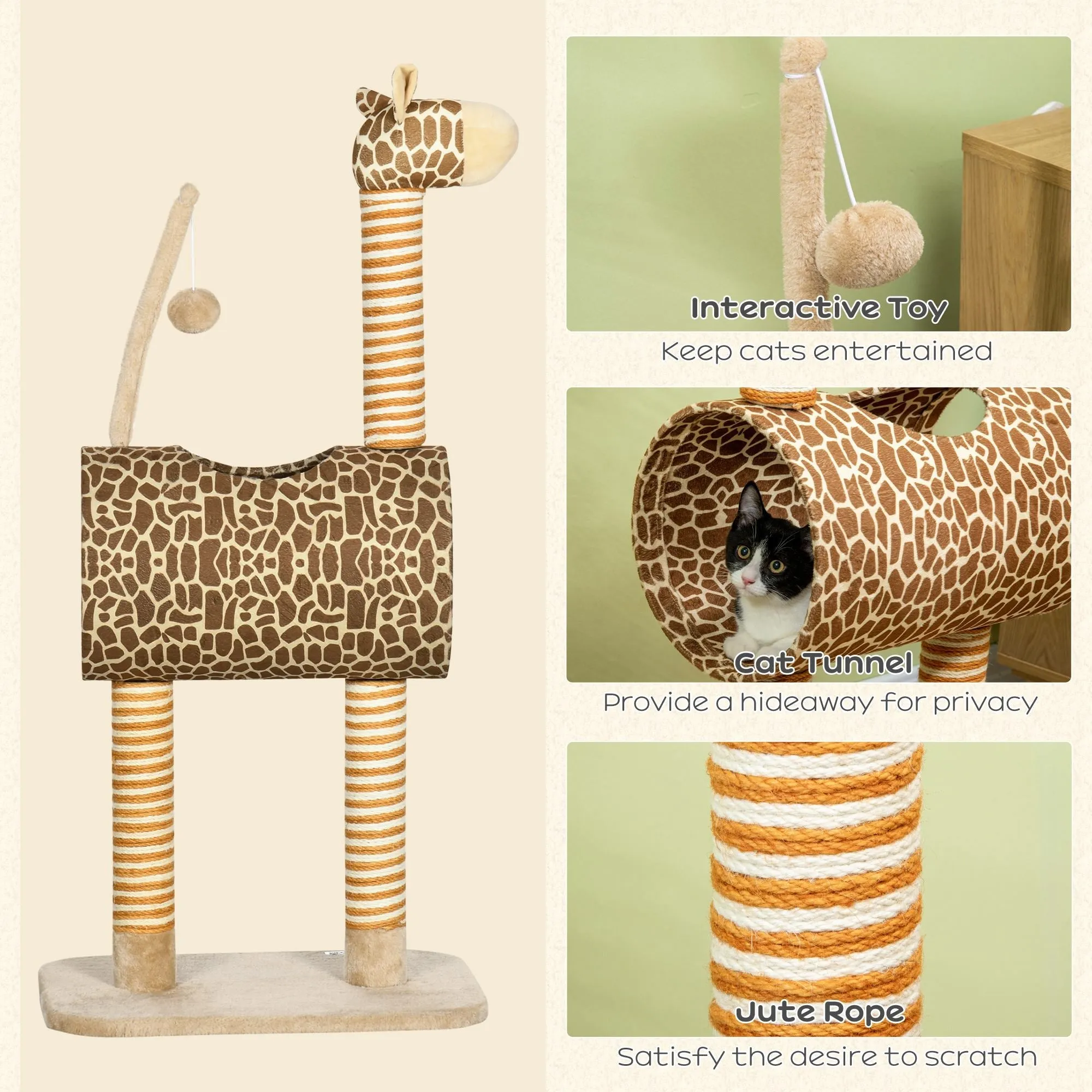 Cat Tree for Indoor Cats Cute Giraffe Kitten Play Tower with Scratching Posts Tunnel Ball Toy 48.5 x 34.5 x 101 cm
