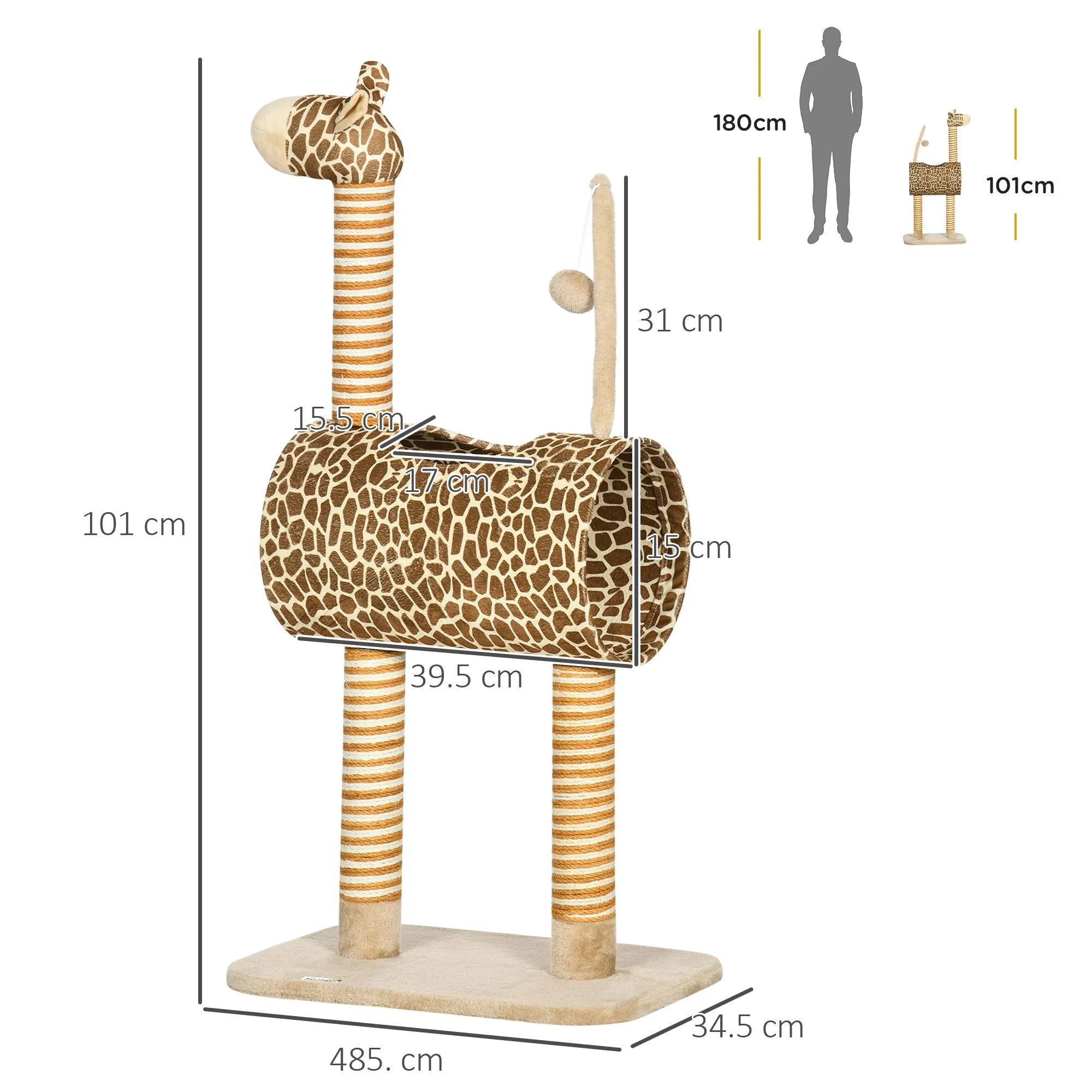 Cat Tree for Indoor Cats Cute Giraffe Kitten Play Tower with Scratching Posts Tunnel Ball Toy 48.5 x 34.5 x 101 cm