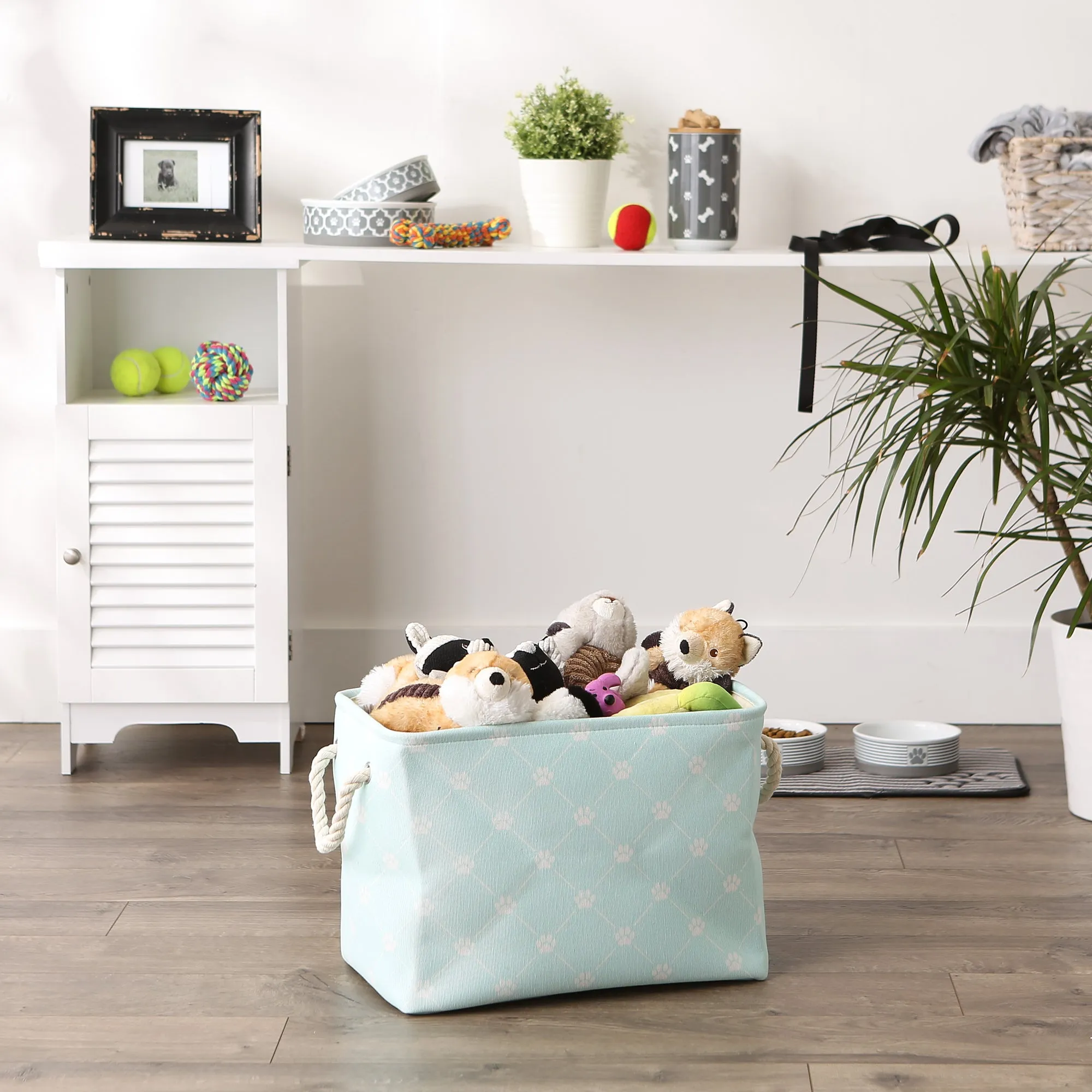 Collapsible Pet Storage Bin, Trellis Paw Print, Aqua, Medium - 16x10x12"