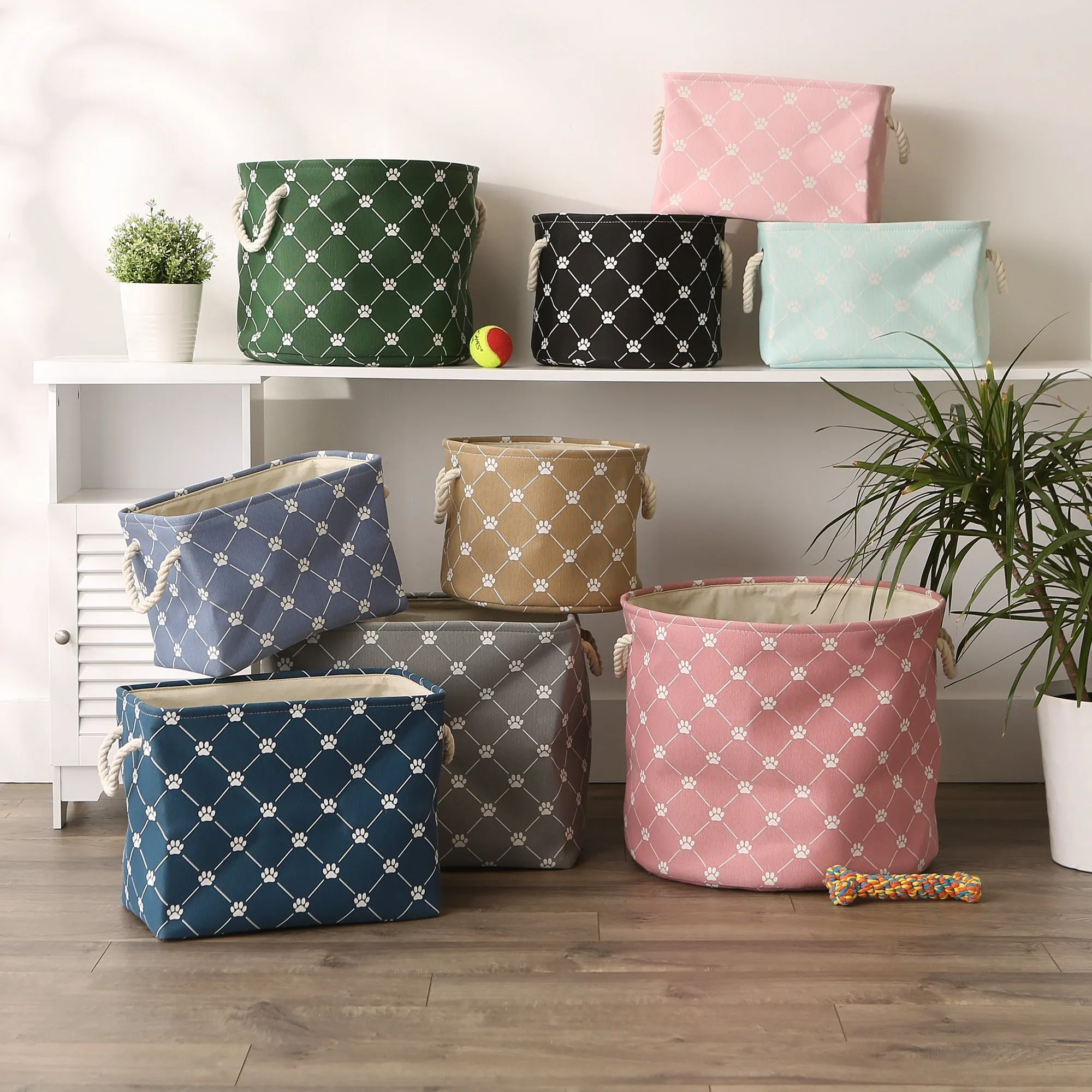 Collapsible Pet Storage Bin, Trellis Paw Print, Aqua, Medium - 16x10x12"