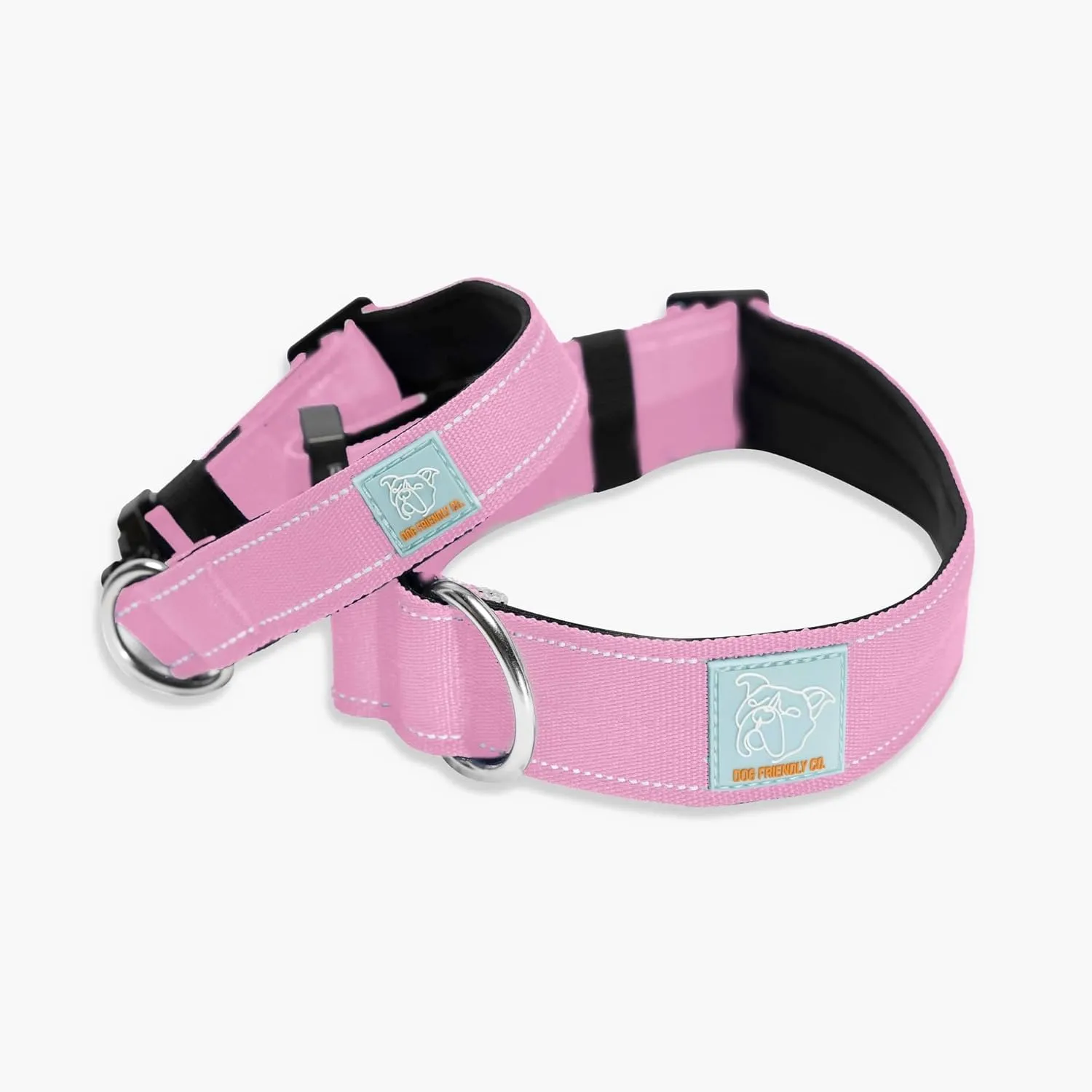 DF Co. Tactical Dog Collar | Comfortable & Secure with Quick Release Clip Buckle and Heavy Duty D-Ring | Soft Padded Neoprene, Chafe Resistant, Night-Time Visibility | Pink, Size S