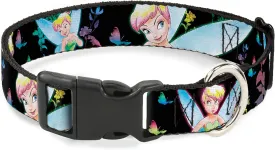Disney Pet Collar, Dog Collar Plastic Buckle, Glowing Tinker Bell Butterflies Flowers Black Multi Neon, 9.5 to 14.5 Inches 0.5 Inch Wide