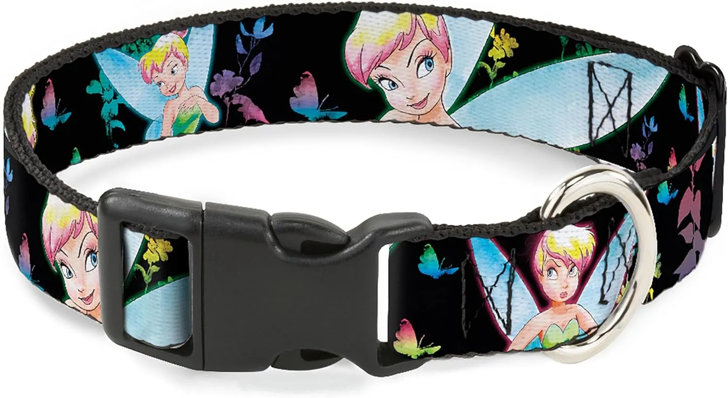 Disney Pet Collar, Dog Collar Plastic Buckle, Glowing Tinker Bell Butterflies Flowers Black Multi Neon, 9.5 to 14.5 Inches 0.5 Inch Wide