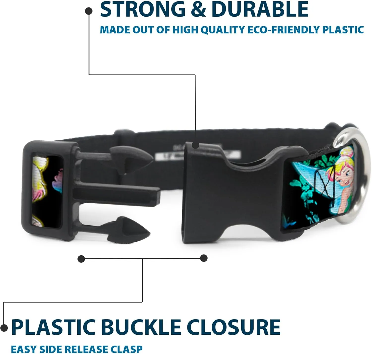 Disney Pet Collar, Dog Collar Plastic Buckle, Glowing Tinker Bell Butterflies Flowers Black Multi Neon, 9.5 to 14.5 Inches 0.5 Inch Wide