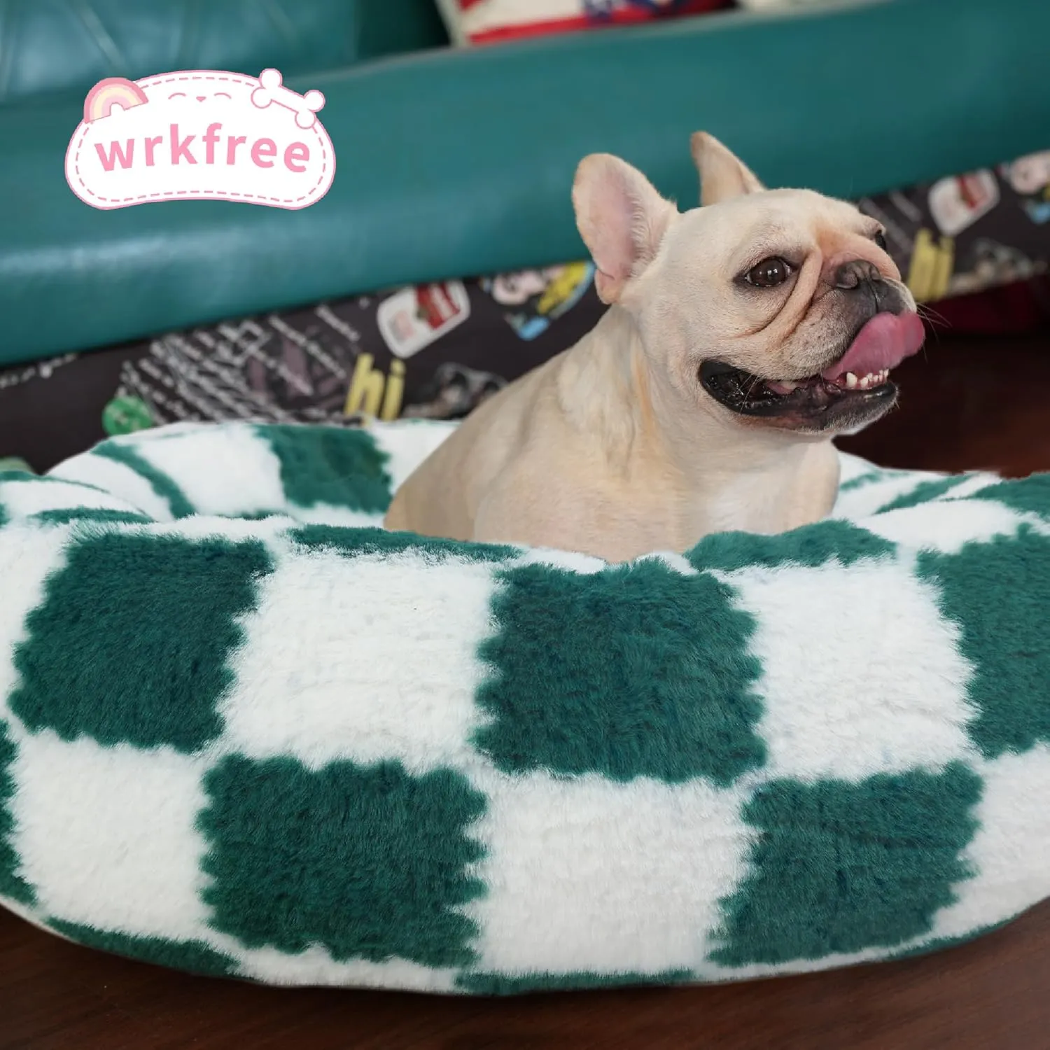 Dog Bed Small Size Dog Washable Round Donut Checkered Green Pet Beds for Small Dogs Orthopedic Snuggle Bed 23 Inch