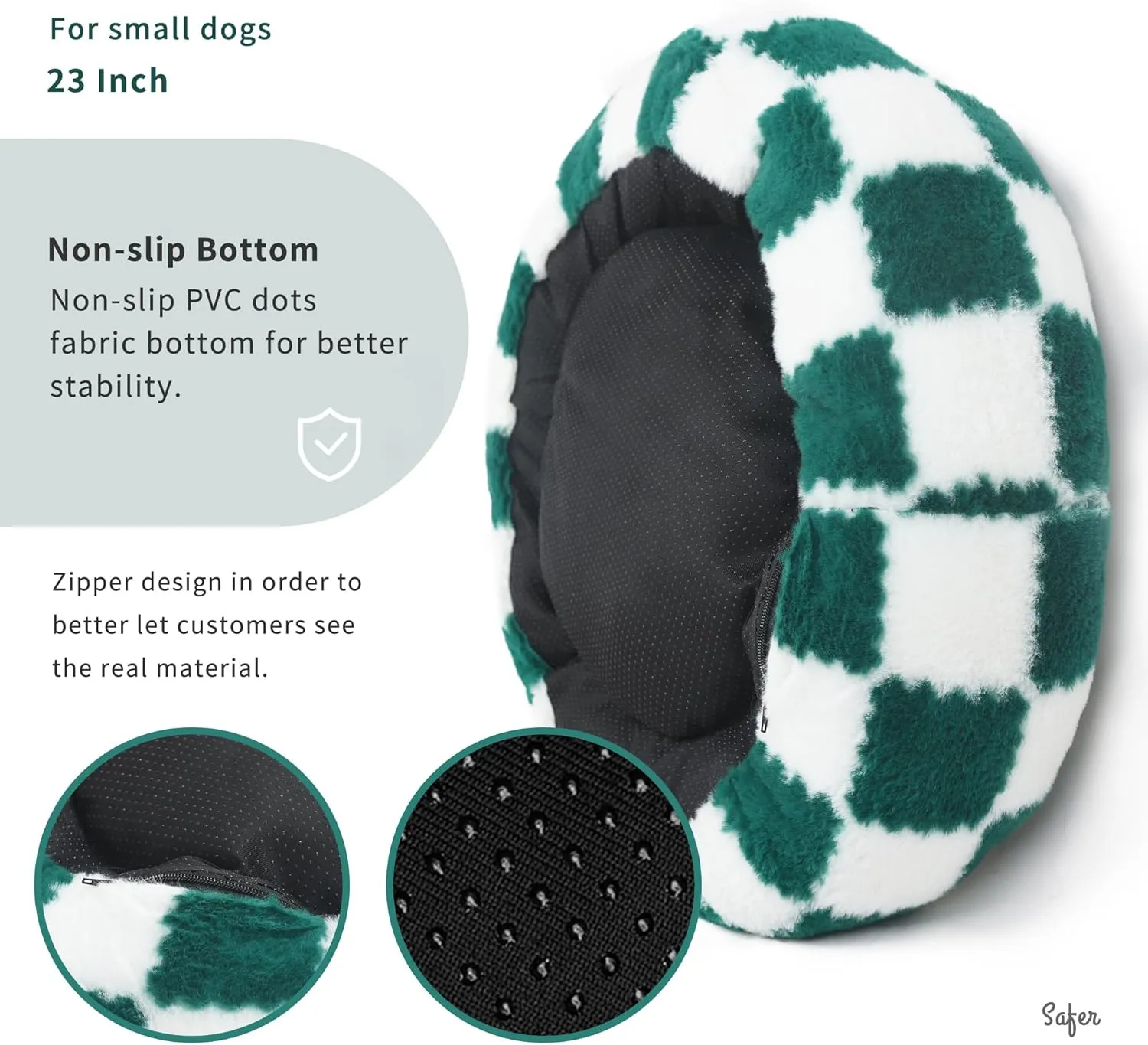 Dog Bed Small Size Dog Washable Round Donut Checkered Green Pet Beds for Small Dogs Orthopedic Snuggle Bed 23 Inch