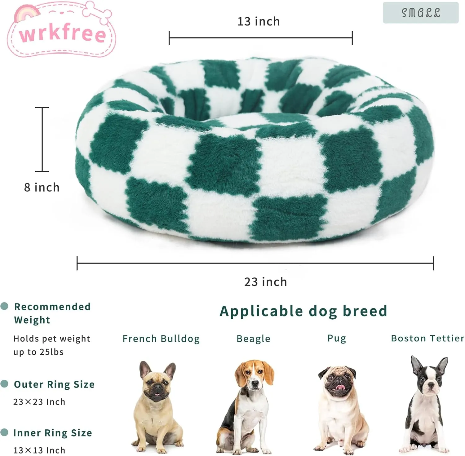 Dog Bed Small Size Dog Washable Round Donut Checkered Green Pet Beds for Small Dogs Orthopedic Snuggle Bed 23 Inch