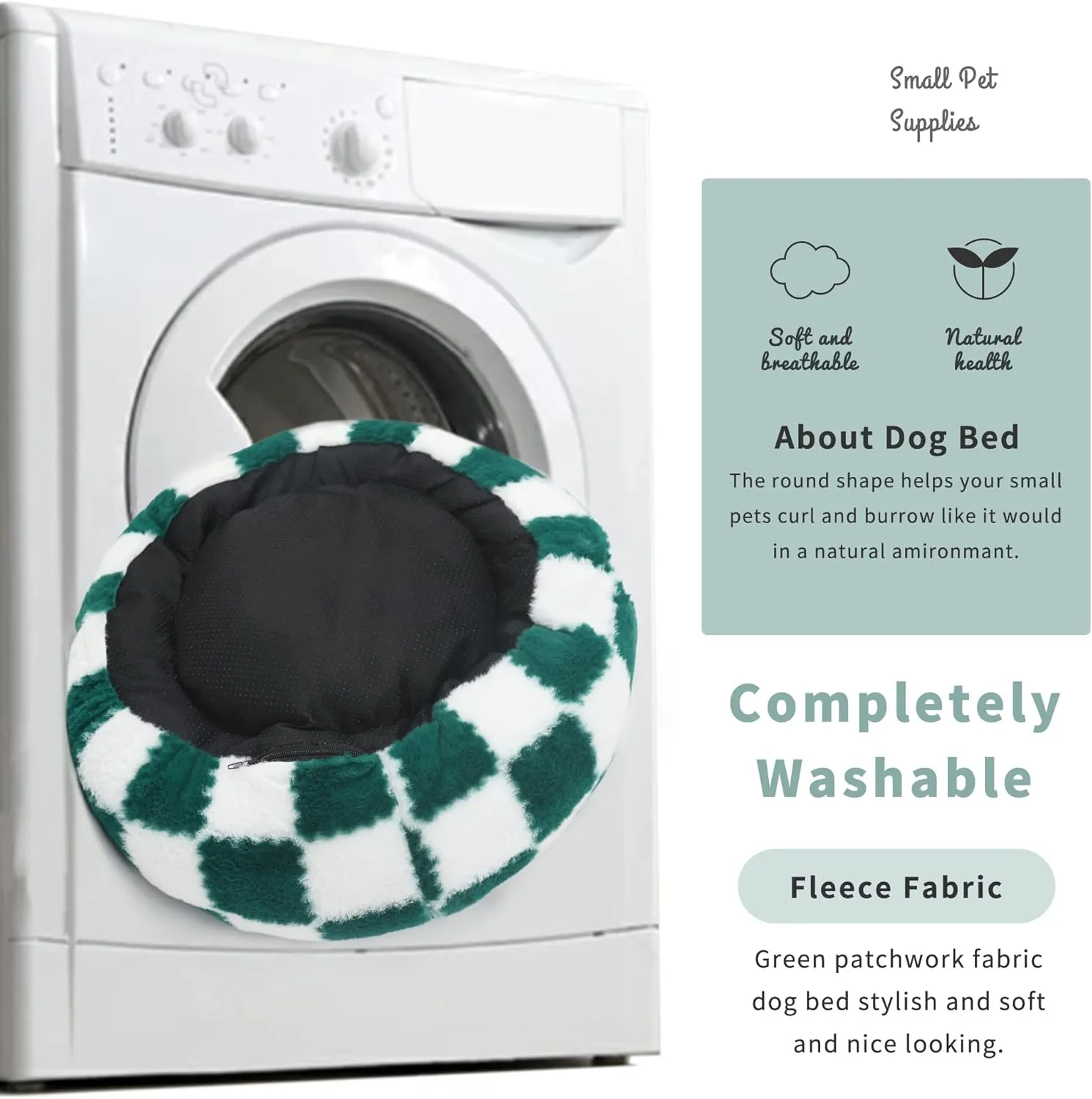 Dog Bed Small Size Dog Washable Round Donut Checkered Green Pet Beds for Small Dogs Orthopedic Snuggle Bed 23 Inch