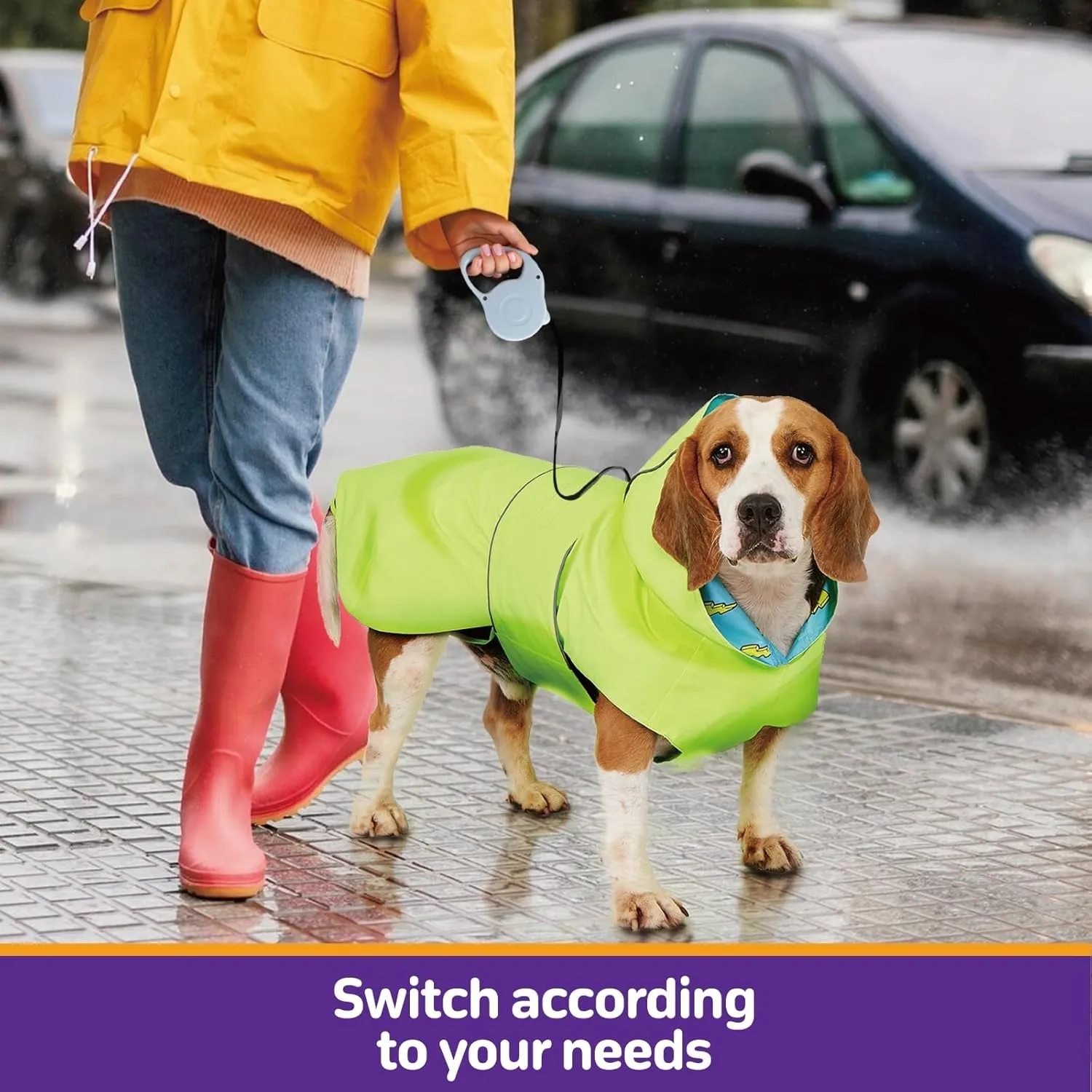 Dog Raincoat Reversible, Single Side Slicker Poncho Adjustable Waterproof Dog Rain Jacket with Leash Hole/Reflective Stripe Hooded Snowproof Windproof Clothes for Medium to 2X Large Dogs, L