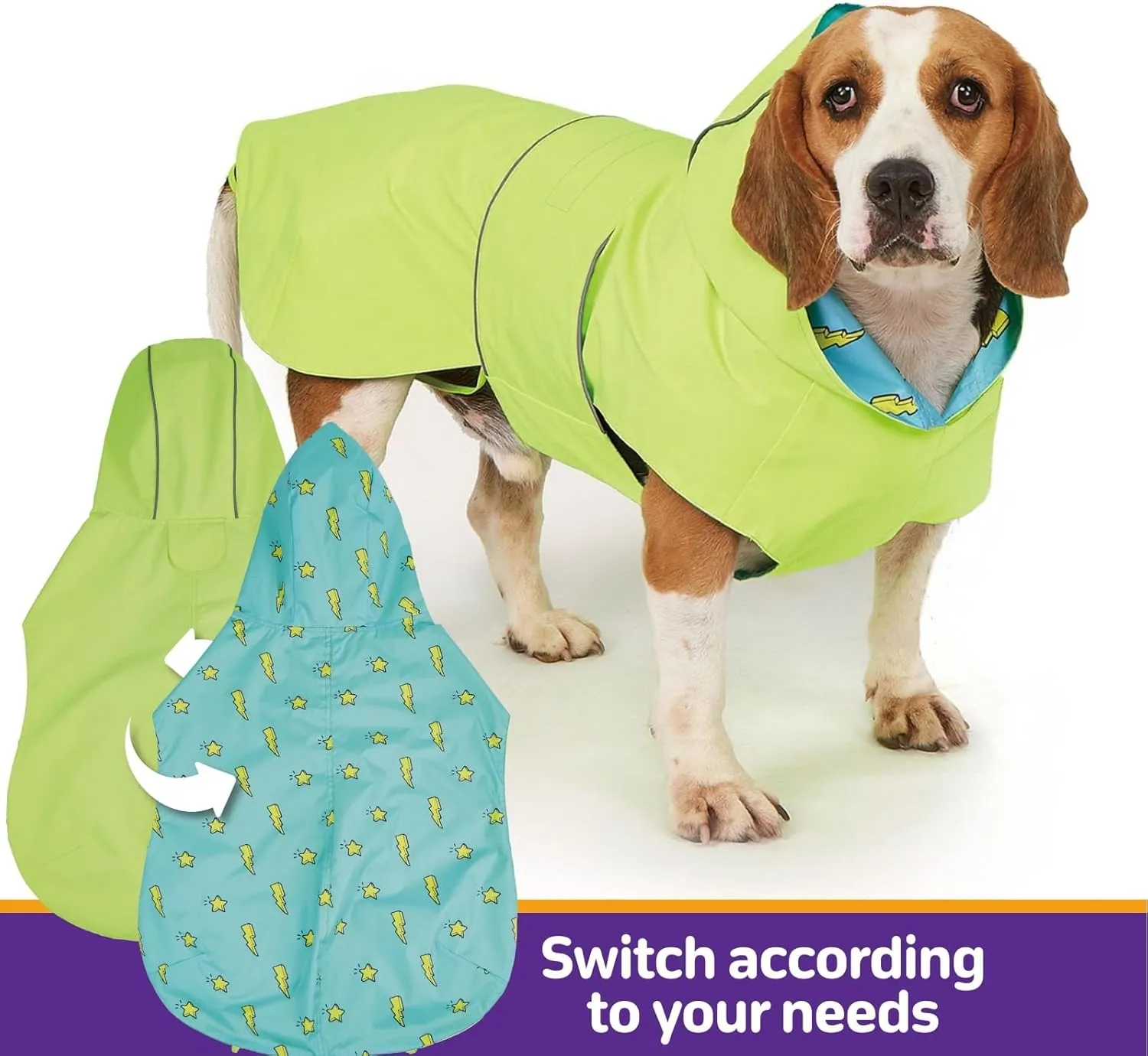 Dog Raincoat Reversible, Single Side Slicker Poncho Adjustable Waterproof Dog Rain Jacket with Leash Hole/Reflective Stripe Hooded Snowproof Windproof Clothes for Medium to 2X Large Dogs, L