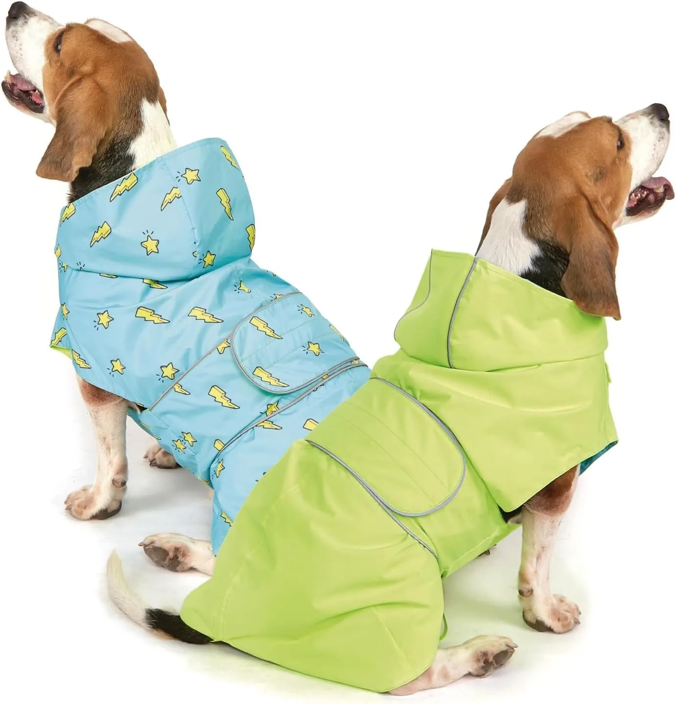 Dog Raincoat Reversible, Single Side Slicker Poncho Adjustable Waterproof Dog Rain Jacket with Leash Hole/Reflective Stripe Hooded Snowproof Windproof Clothes for Medium to 2X Large Dogs, L