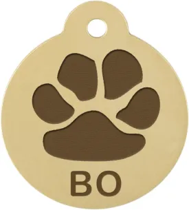 DogIDs Personalized Round CirclePaw Print Dog Identification Tag, Custom Laser Engraved Double Sided ID Tag with S-Hook and Split Ring - Brass, Large, 1 1/4 Inch