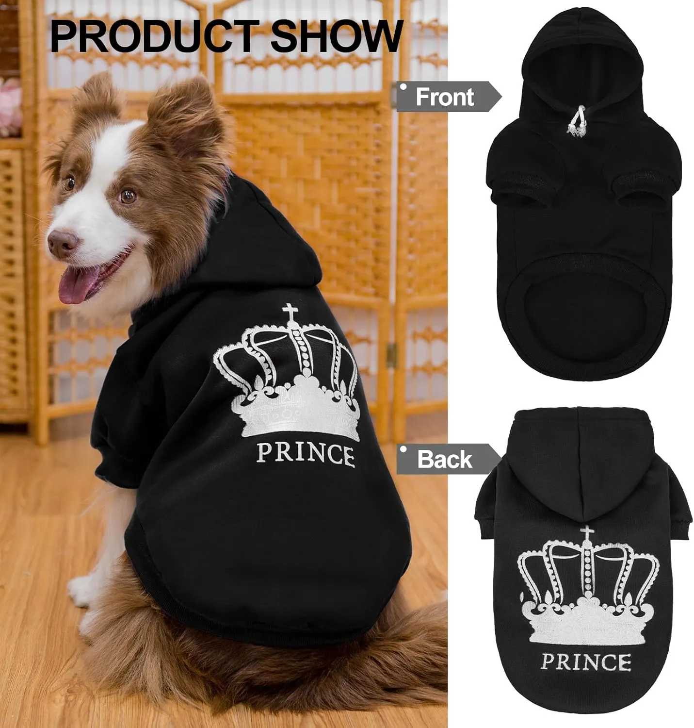 EXPAWLORER Prince Dog Hoodie for Boys - Hooded Sweater With Leash Hole, Cold Weather Clothes, Sweatshirt With Pocket, Pet Warm Outfit, Winter Coats for XS-XXL Dogs