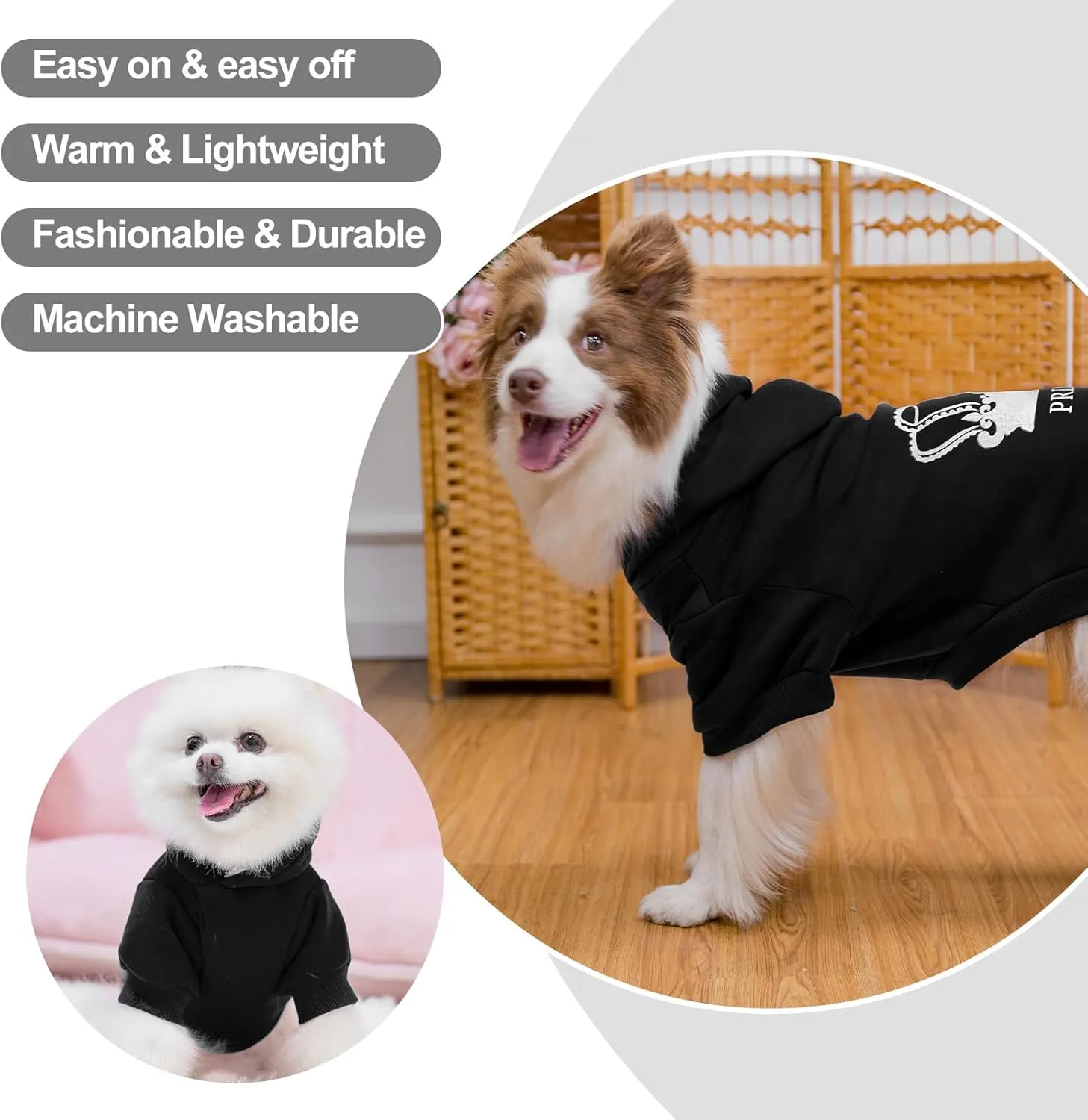 EXPAWLORER Prince Dog Hoodie for Boys - Hooded Sweater With Leash Hole, Cold Weather Clothes, Sweatshirt With Pocket, Pet Warm Outfit, Winter Coats for XS-XXL Dogs