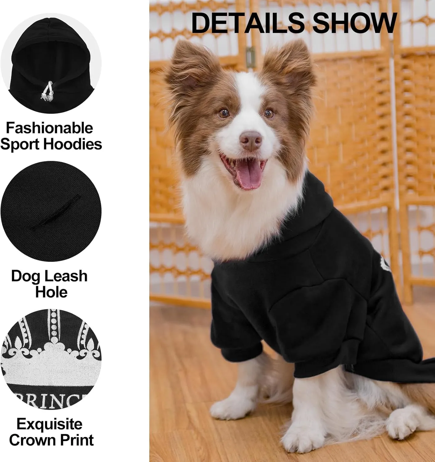 EXPAWLORER Prince Dog Hoodie for Boys - Hooded Sweater With Leash Hole, Cold Weather Clothes, Sweatshirt With Pocket, Pet Warm Outfit, Winter Coats for XS-XXL Dogs