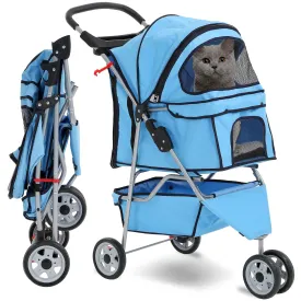 Folding Dog Stroller, 3 Wheels Pet Strollers Pet Gear for Small Medium Cats Dogs Puppy with Storage Basket, Cup Holder,Lightweight Blue 35.04inchx17.32inchx38.58inch