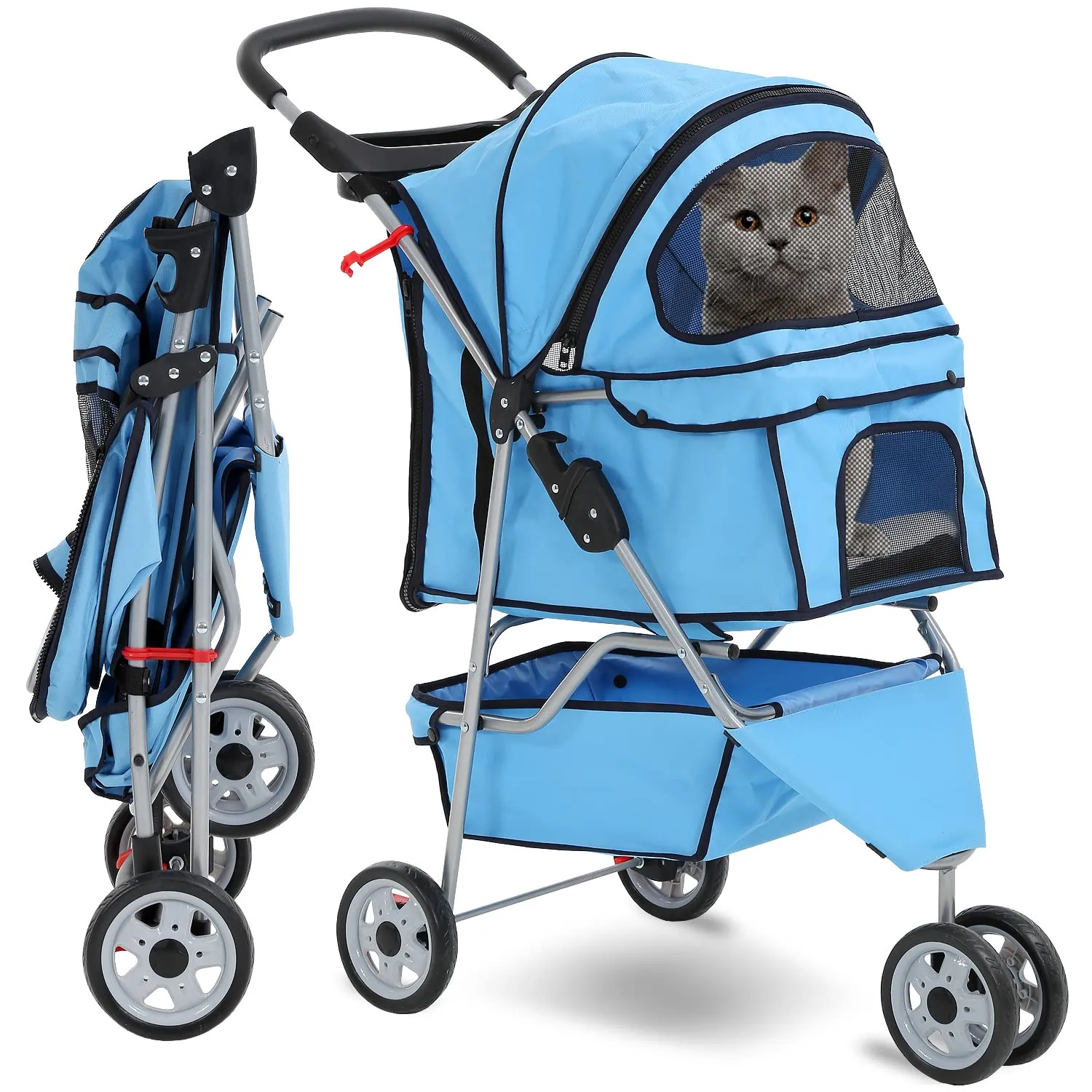 Folding Dog Stroller, 3 Wheels Pet Strollers Pet Gear for Small Medium Cats Dogs Puppy with Storage Basket, Cup Holder,Lightweight Blue 35.04inchx17.32inchx38.58inch
