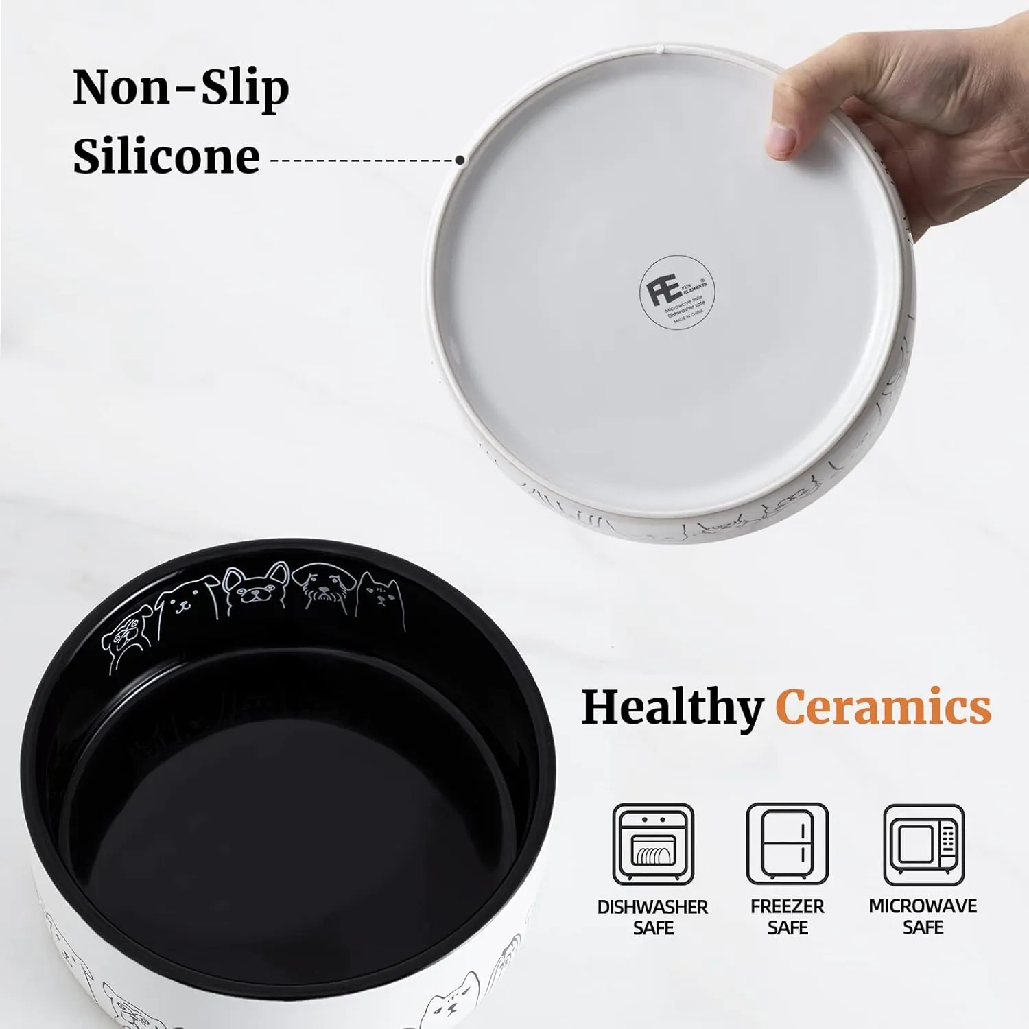 Fun Elements Ceramic Dog Bowls, Non-Slip Dog Bowls Large Sized Dog, 64 Fl Oz Black Dog Food Bowls Dog Water Bowl for Medium Dogs with Adorable Dog Patterns