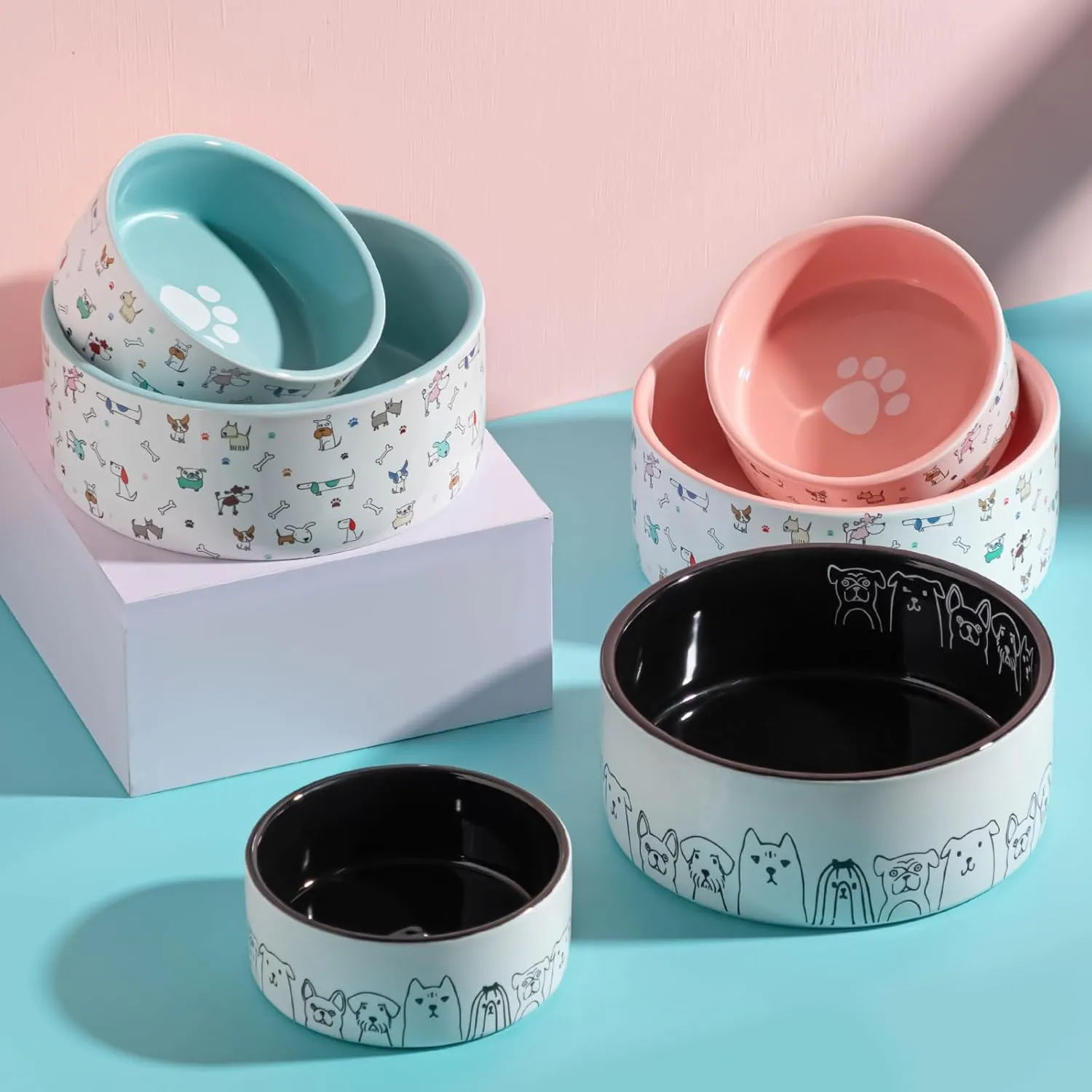 Fun Elements Ceramic Dog Bowls, Non-Slip Dog Bowls Large Sized Dog, 64 Fl Oz Black Dog Food Bowls Dog Water Bowl for Medium Dogs with Adorable Dog Patterns