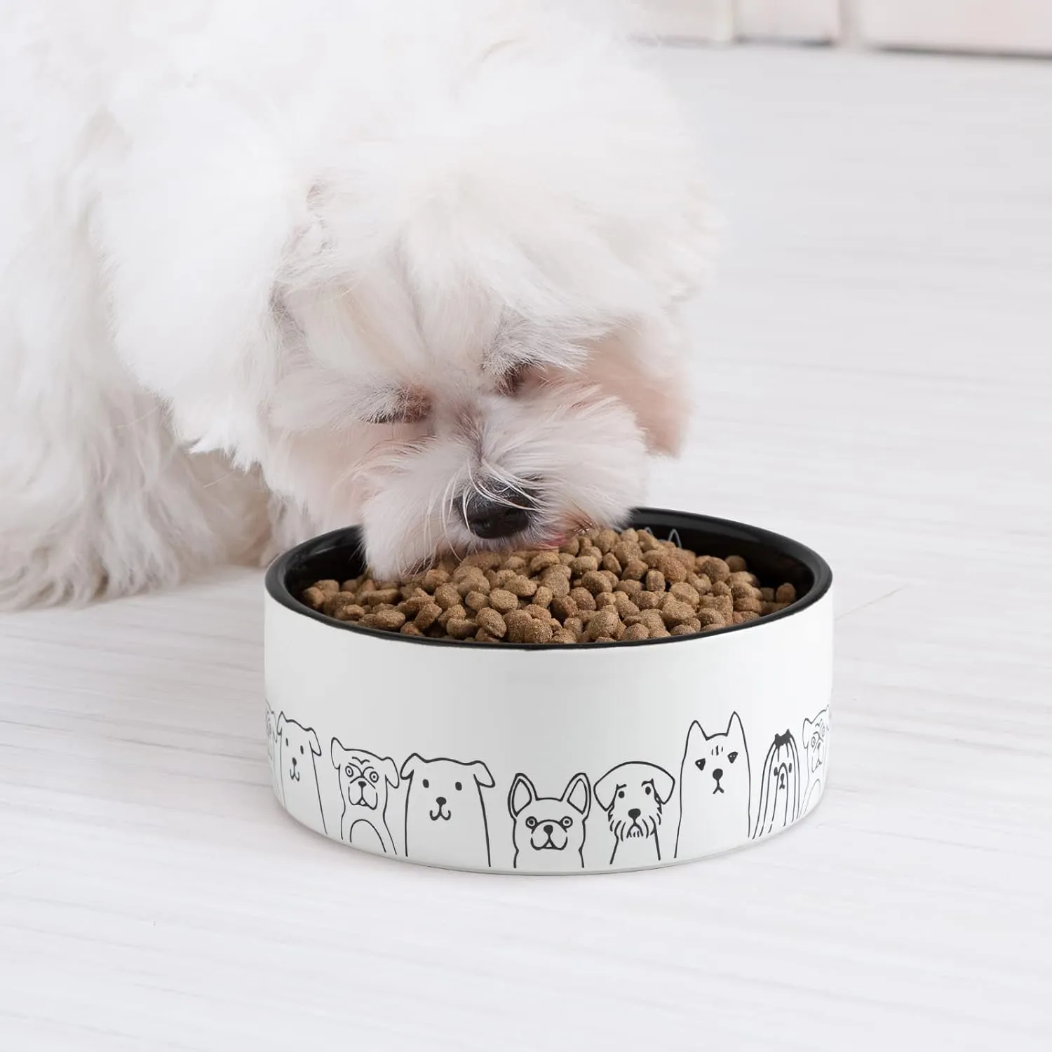 Fun Elements Ceramic Dog Bowls, Non-Slip Dog Bowls Large Sized Dog, 64 Fl Oz Black Dog Food Bowls Dog Water Bowl for Medium Dogs with Adorable Dog Patterns