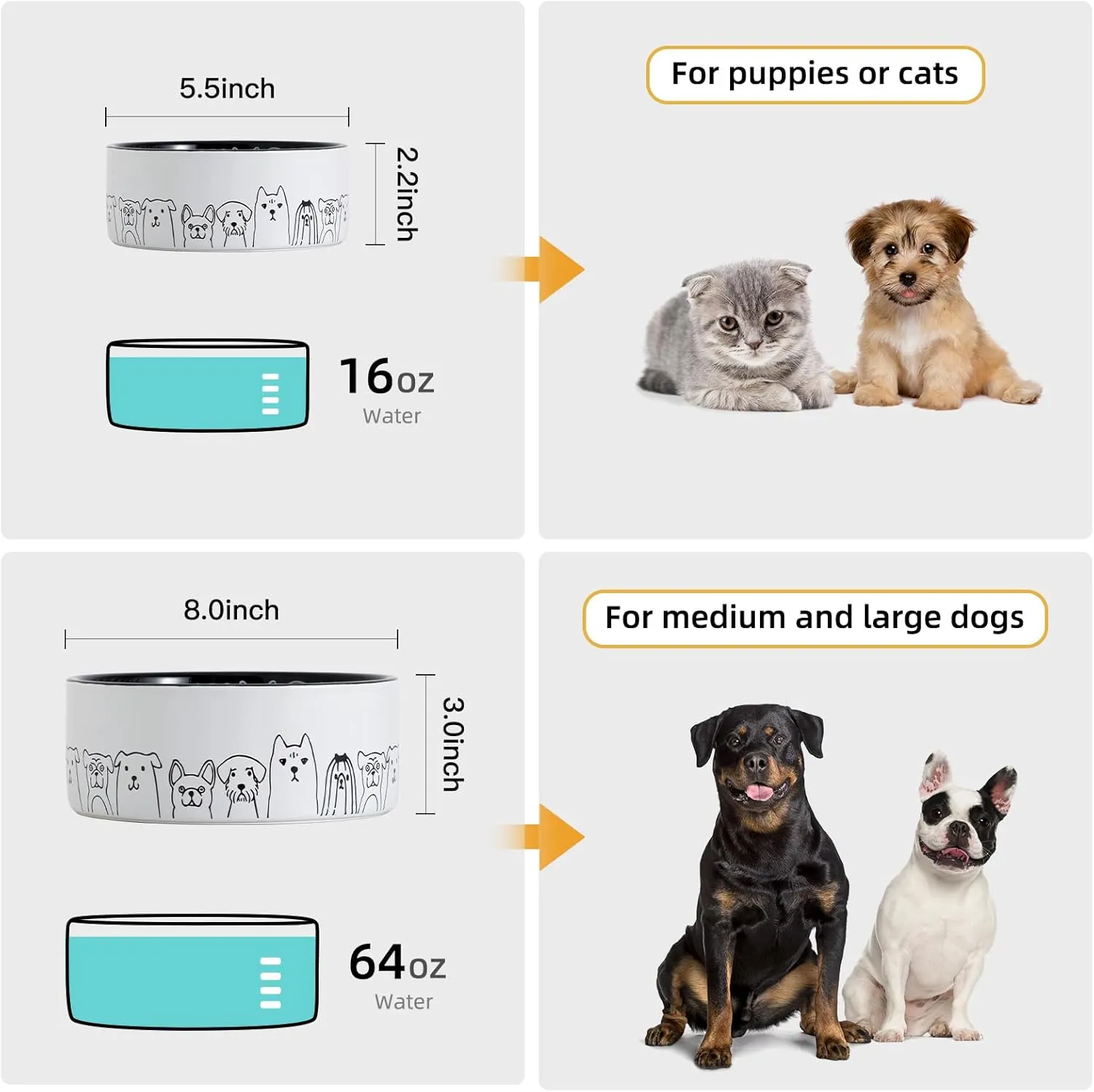 Fun Elements Ceramic Dog Bowls, Non-Slip Dog Bowls Large Sized Dog, 64 Fl Oz Black Dog Food Bowls Dog Water Bowl for Medium Dogs with Adorable Dog Patterns