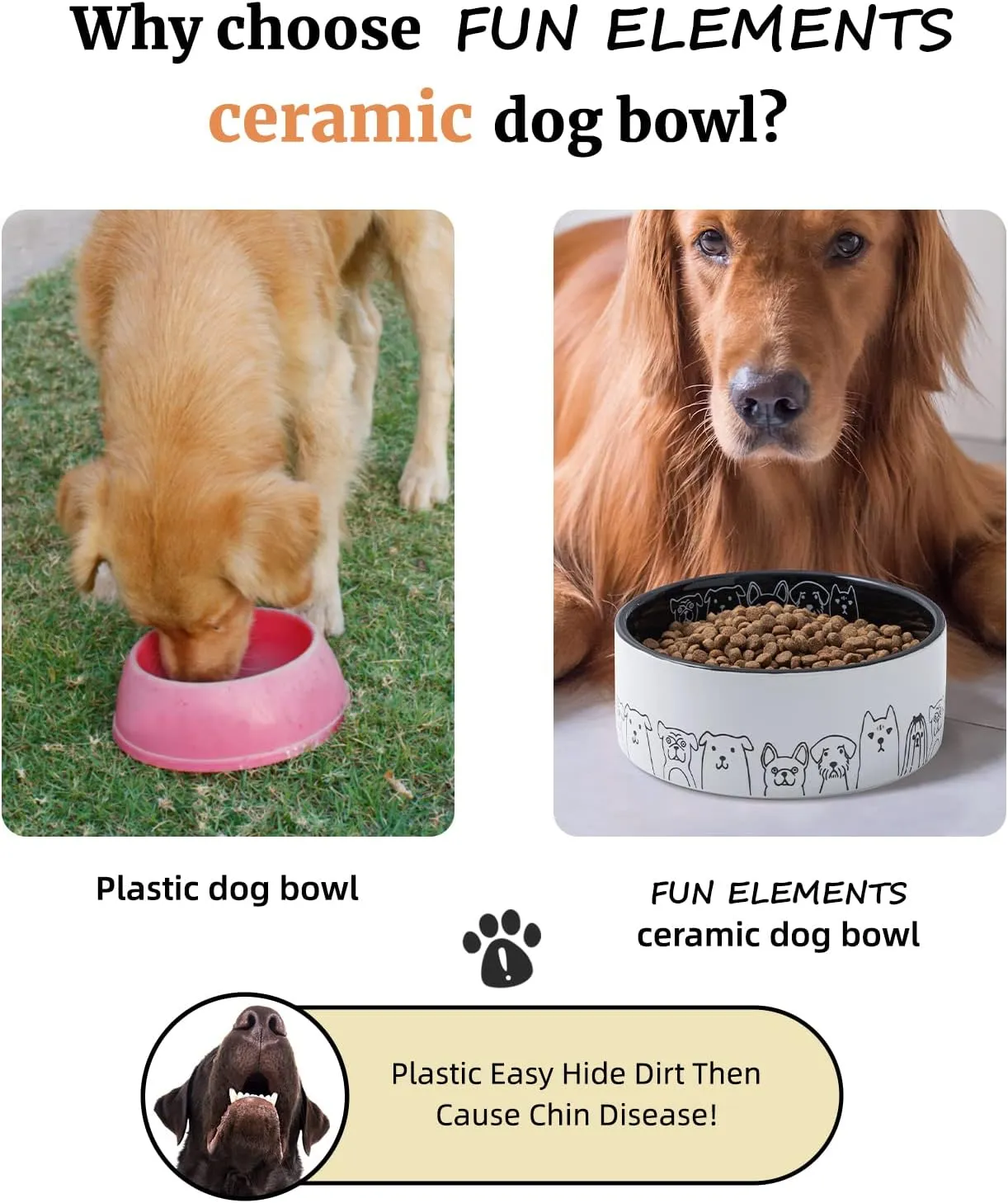 Fun Elements Ceramic Dog Bowls, Non-Slip Dog Bowls Large Sized Dog, 64 Fl Oz Black Dog Food Bowls Dog Water Bowl for Medium Dogs with Adorable Dog Patterns