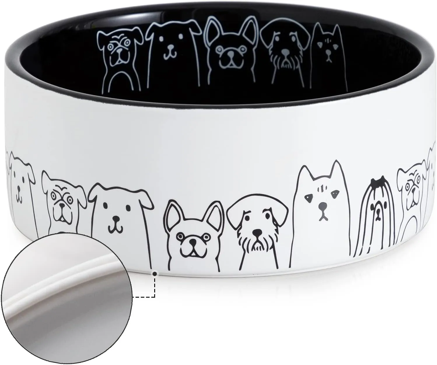Fun Elements Ceramic Dog Bowls, Non-Slip Dog Bowls Large Sized Dog, 64 Fl Oz Black Dog Food Bowls Dog Water Bowl for Medium Dogs with Adorable Dog Patterns