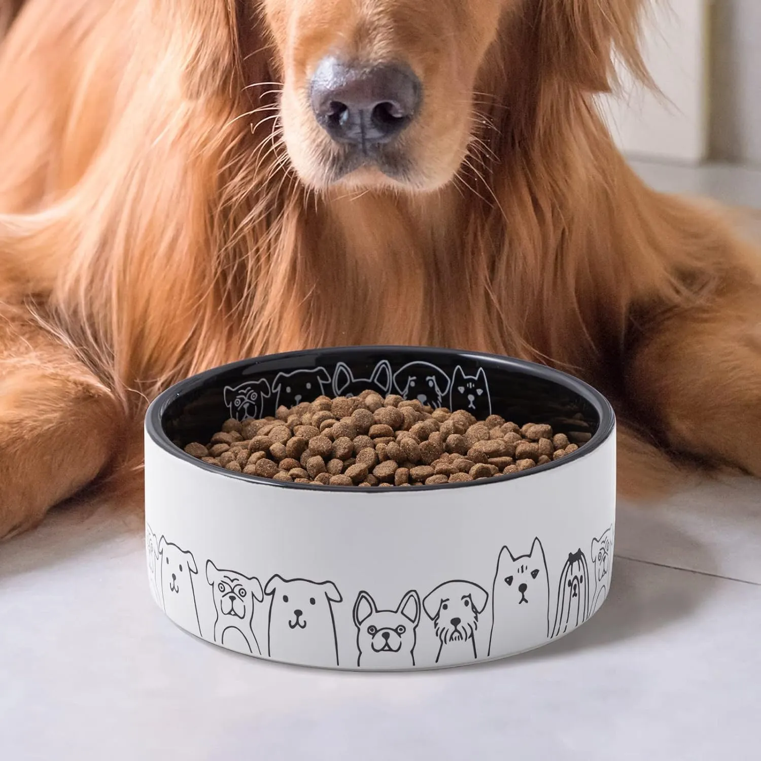 Fun Elements Ceramic Dog Bowls, Non-Slip Dog Bowls Large Sized Dog, 64 Fl Oz Black Dog Food Bowls Dog Water Bowl for Medium Dogs with Adorable Dog Patterns