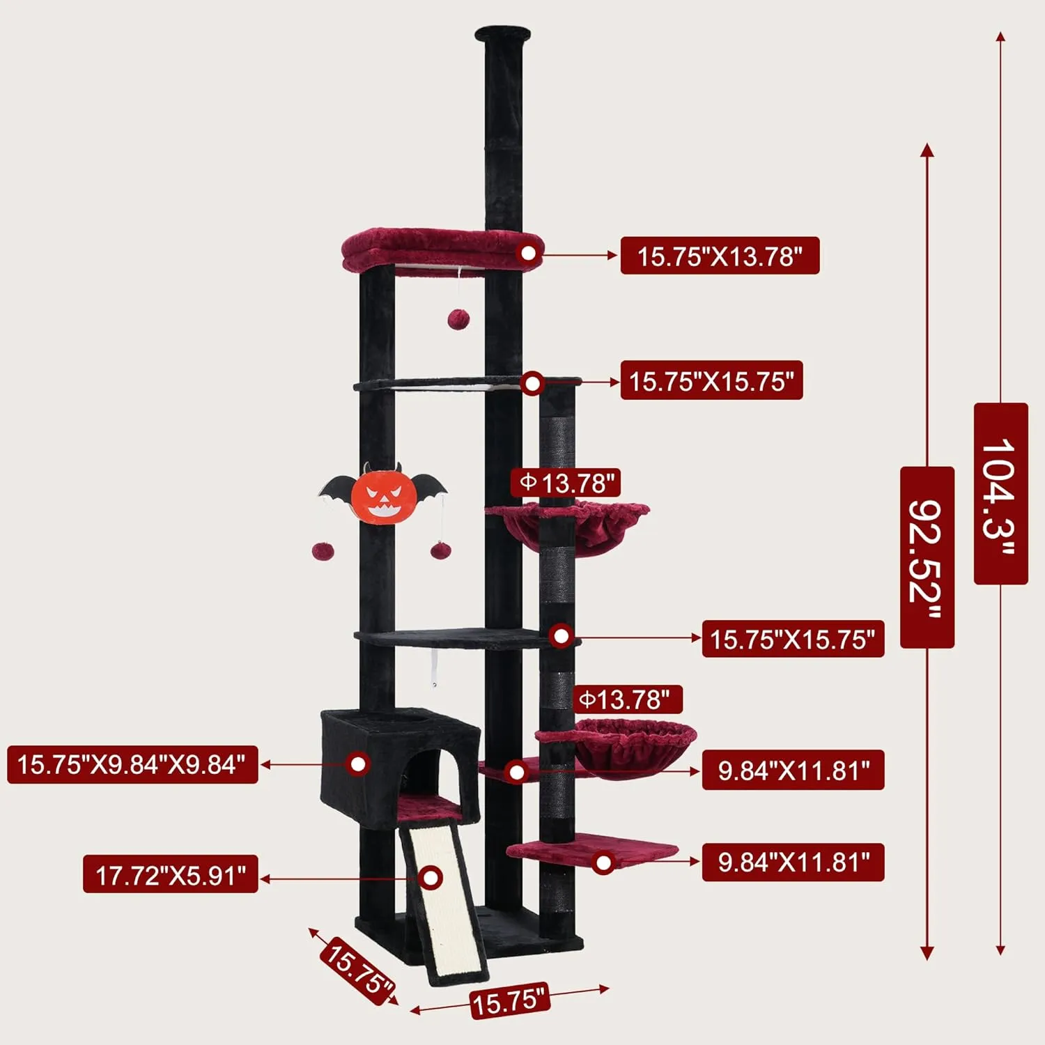 Hebly Cat Tree 92.5-104.3 Inches with Hammock, Floor to Ceiling Gothic Cat Condo,Tall Cat Climbing Tower Adjustable with Scratching Posts for Indoor Cats Black Red HCT091BR